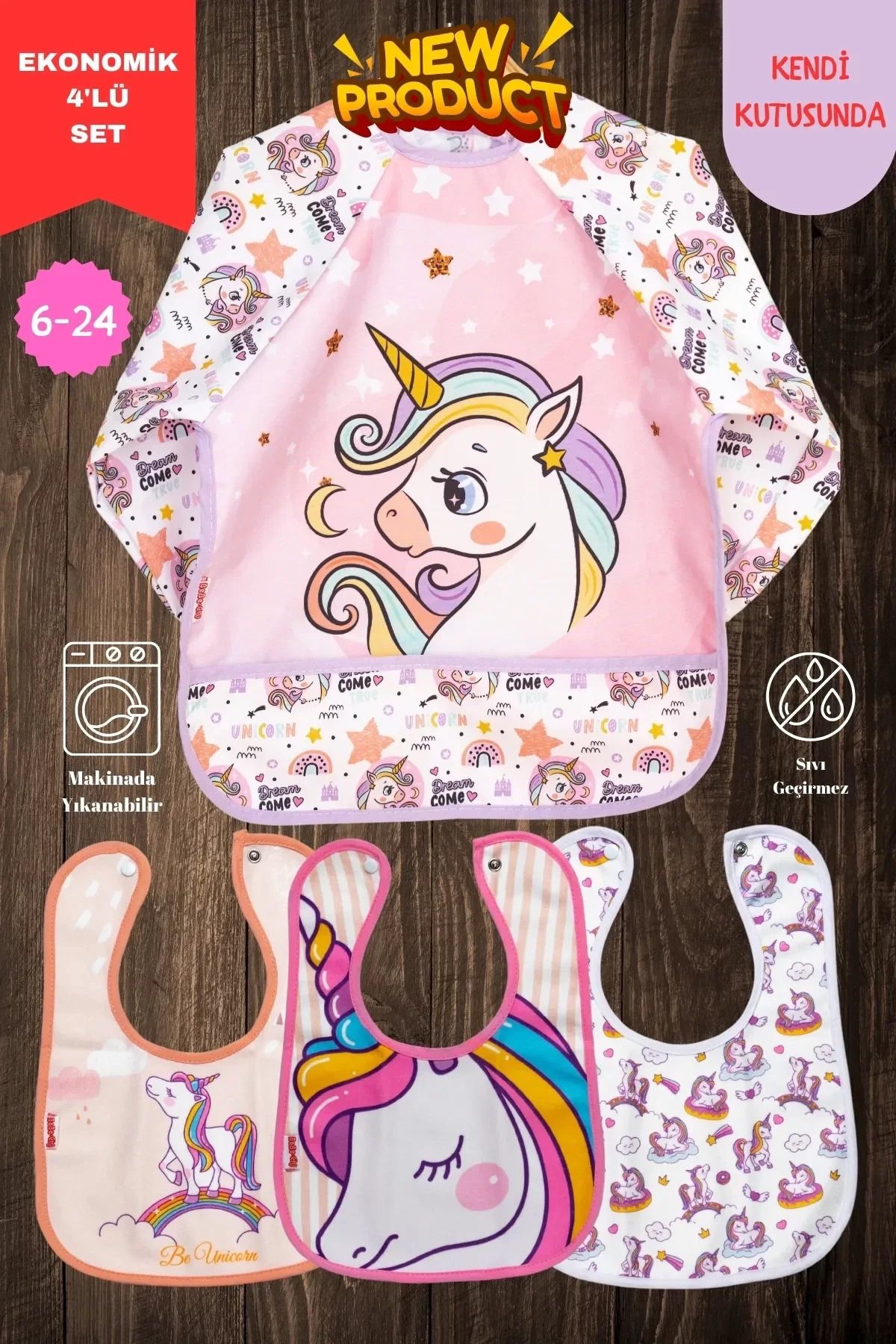 BOYOZBUTİK Unicorn Desen 4'lü Set Eko Sıvı Geçirmez Aktivite Ve Mama Önlüğü Kendi Kutusunda 6-24 Ay