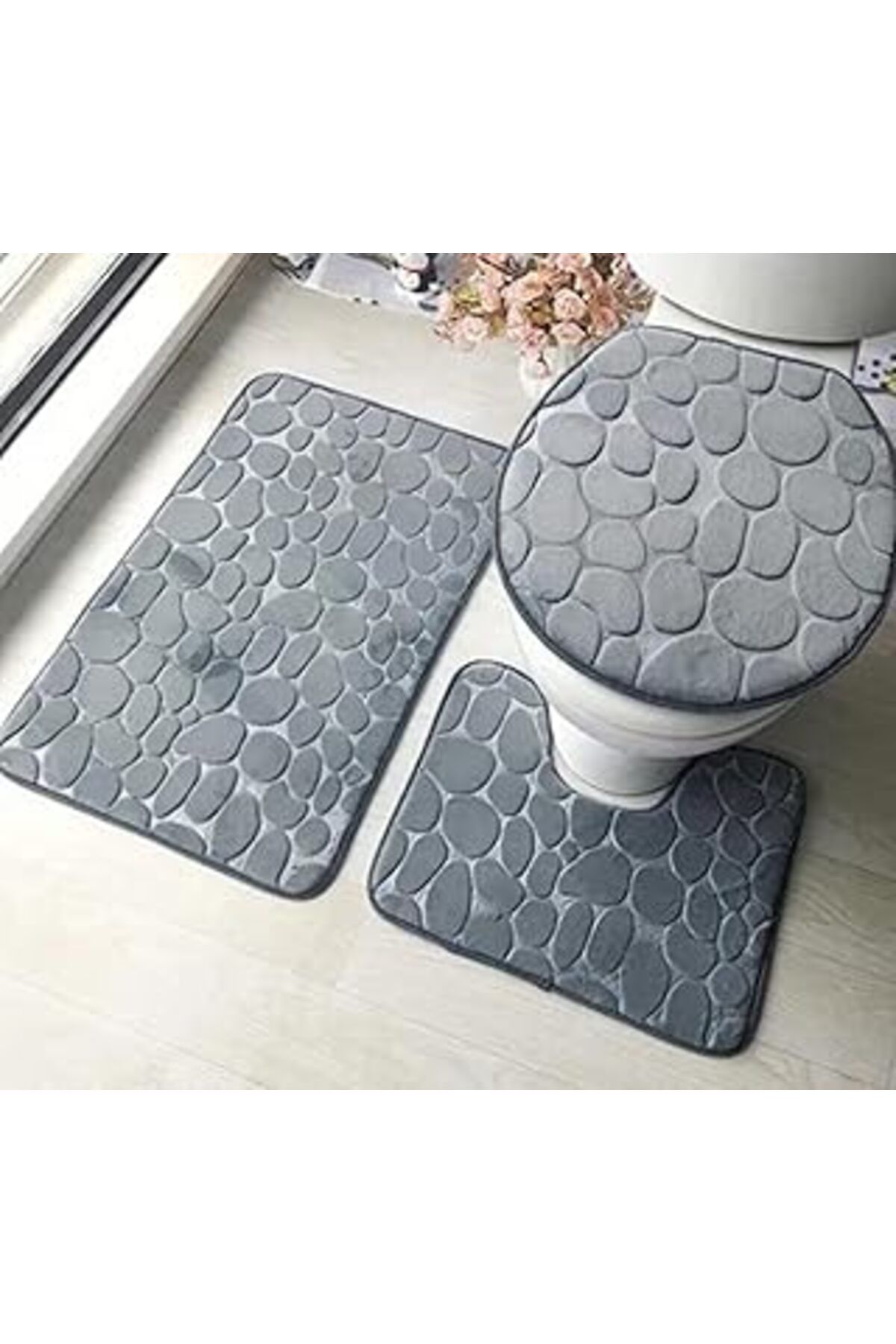 robotrend " Kabartma Desenli Banyo Seti: Klozet Kapağı, Klozet Önü Ve Büyük Paspas, 78 X 50 Cm, Pint