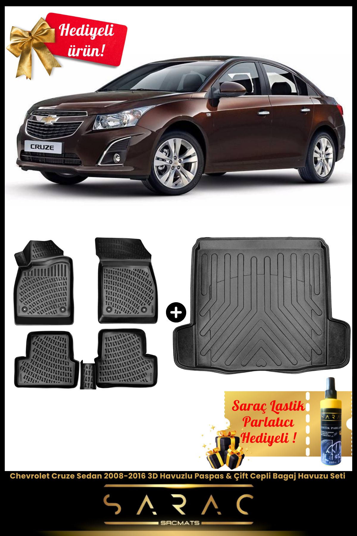 SRCMATS Chevrolet Cruze Sedan 2008-2016 Araca Özel 3D Havuz Paspas & Çift Cepli Bagaj Havuz Seti+(HEDİYELİ)