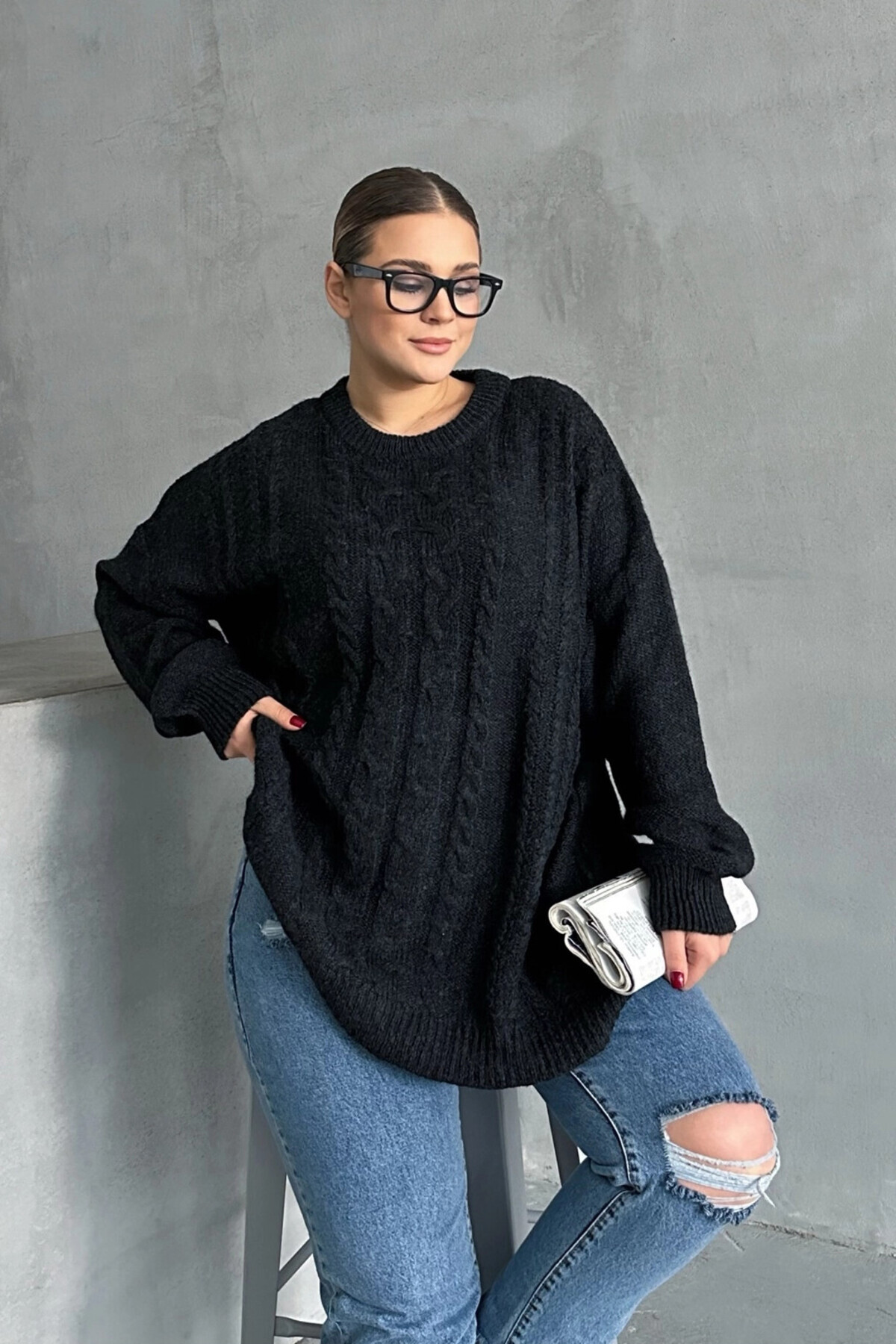 Stil Diva Büyük Beden Uzun Kollu Bisiklet Yaka Triko Kazak DG-05 görsel 2