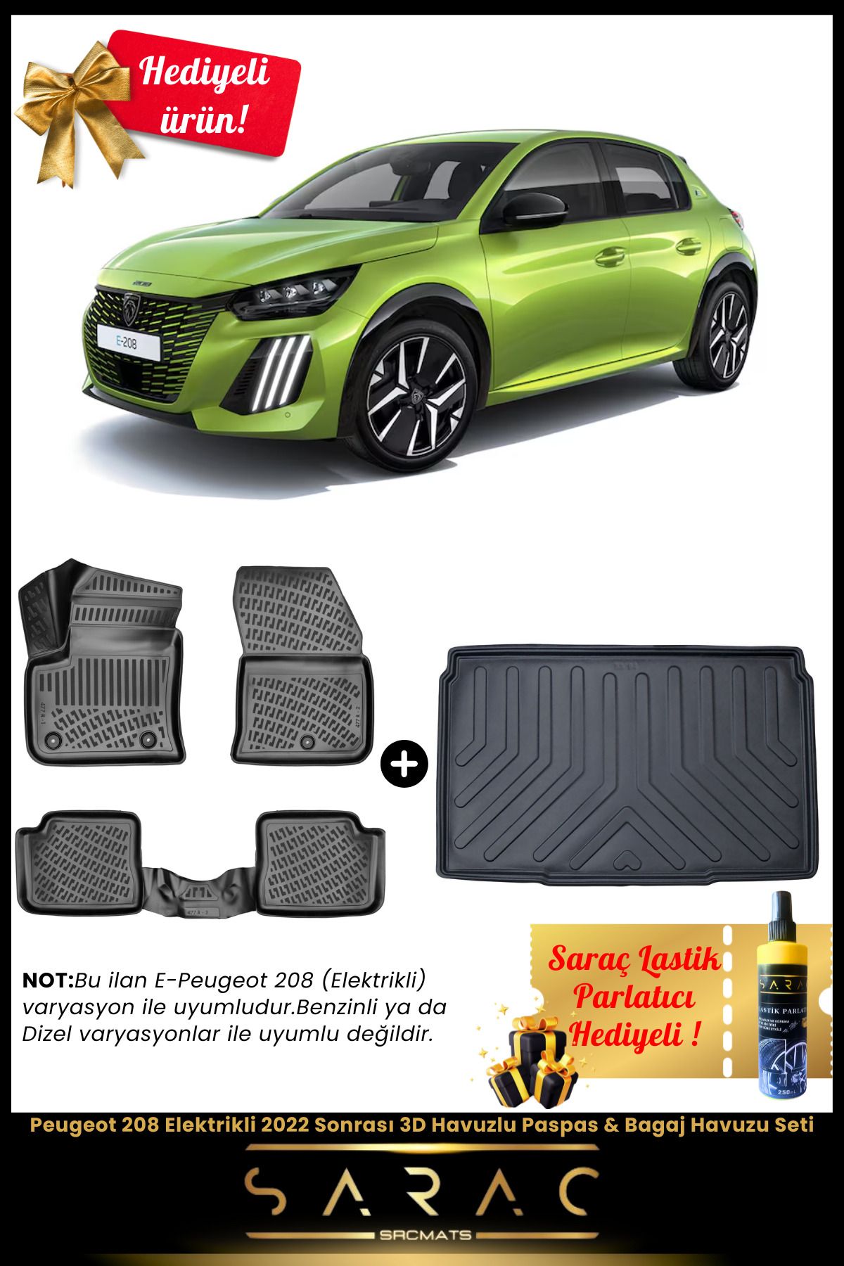 SRCMATS Peugeot 208 Elektrikli 2022 Sonrası Araca Özel 3D Havuzlu Paspas & Bagaj Havuzu Seti+(HEDİYELİ!)