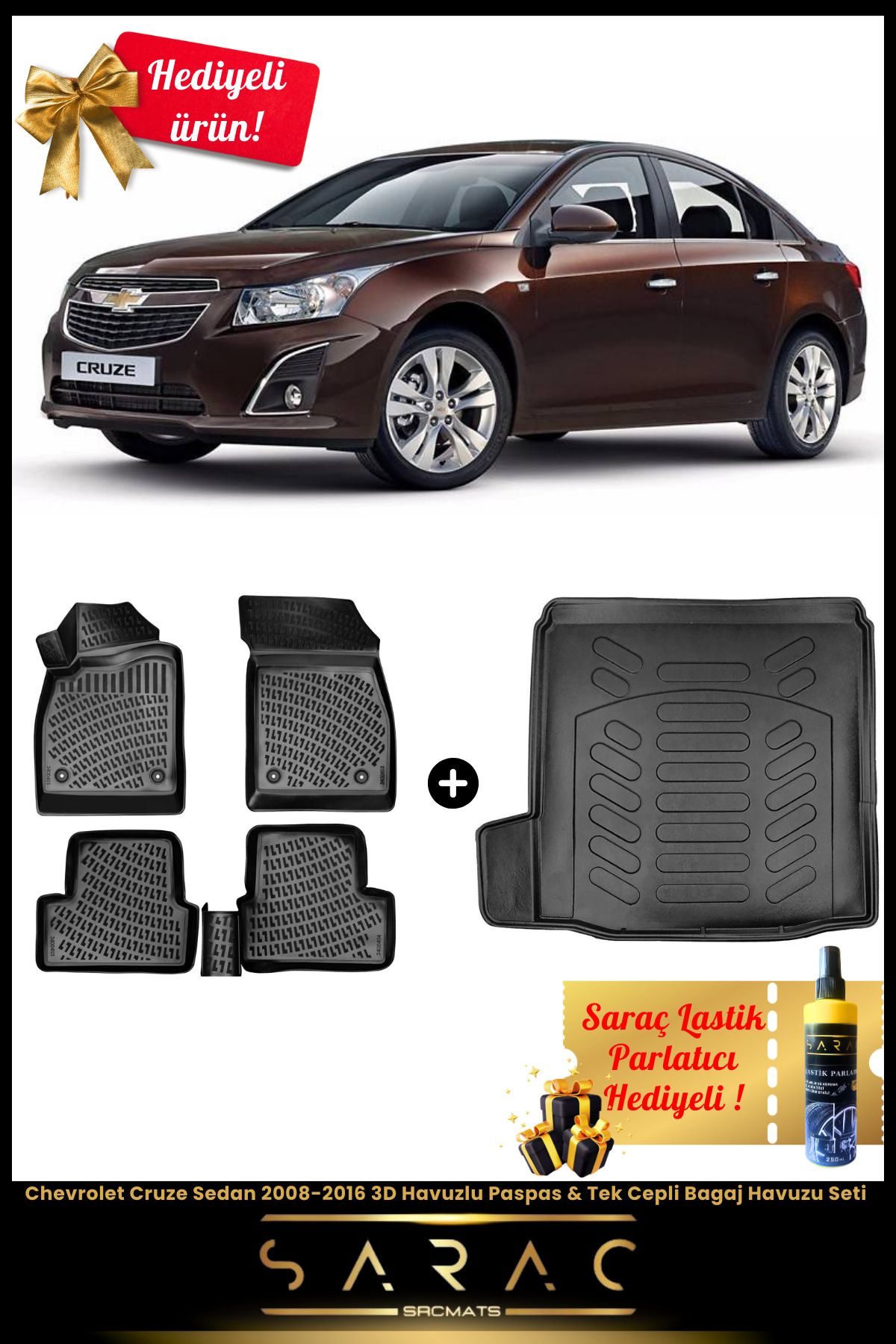 SRCMATS Chevrolet Cruze Sedan 2008-2016 Araca Özel 3D Havuz Paspas & Tek Cepli Bagaj Havuz Seti+(HEDİYELİ!)