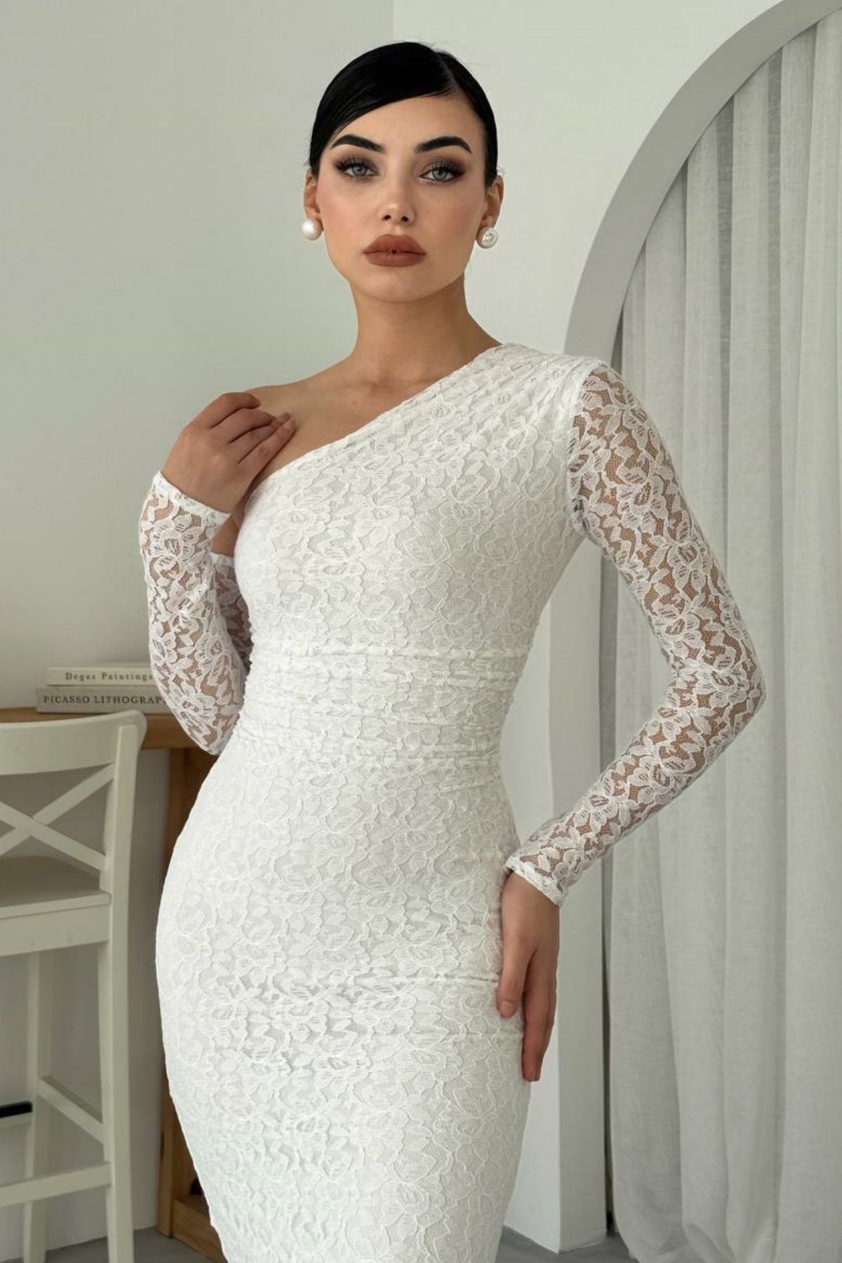 bayansepeti-Lining Lace Fabric Asymmetrical Neckline One Shoulder Detail Pencil Cutout Black Lace Evening Dress 364 3