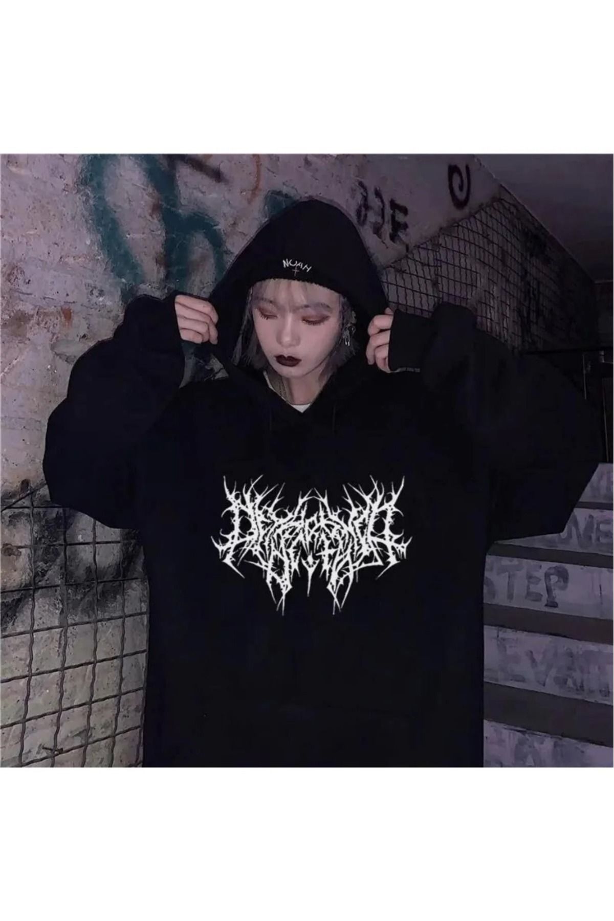 Bravebell Gothic Graphic Baskılı Siyah Unisex Oversize Kapüşonlu Sweatshirt