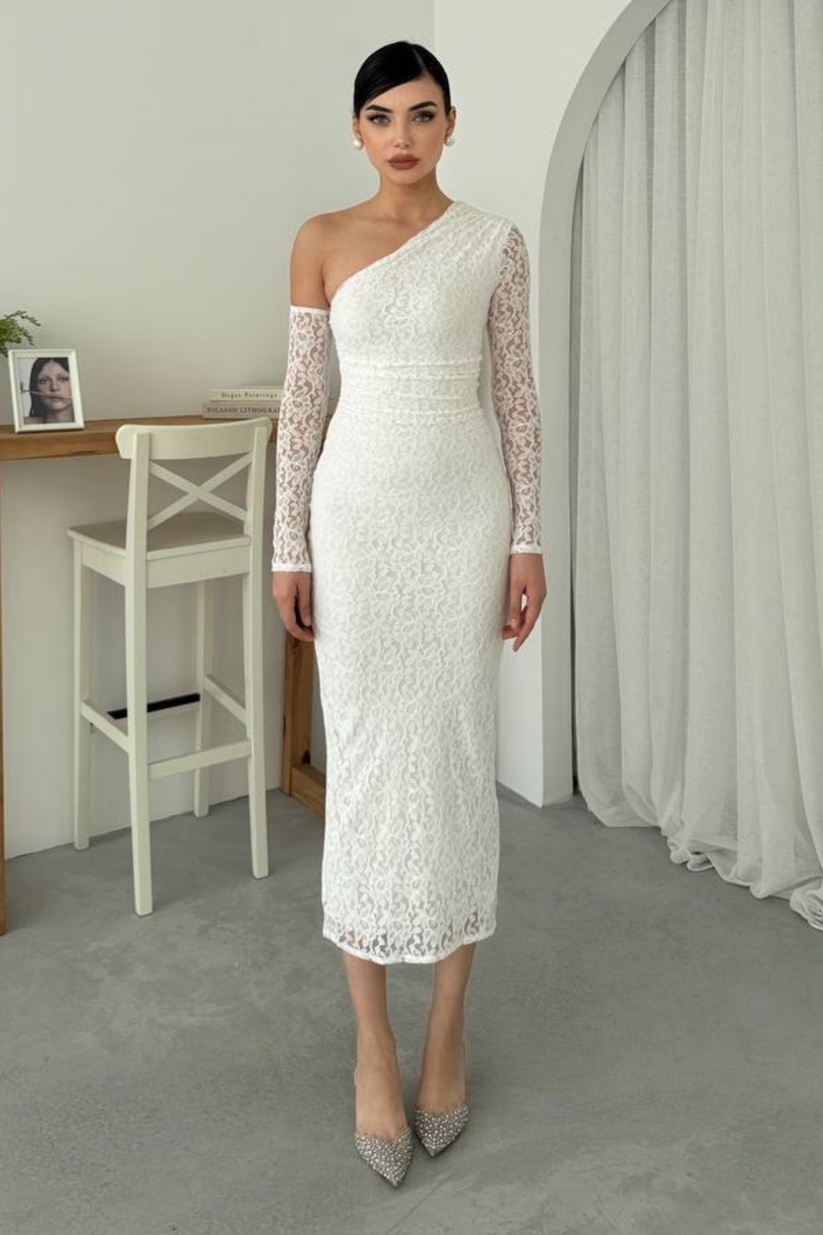 bayansepeti-Lining Lace Fabric Asymmetrical Neckline One Shoulder Detail Pencil Cutout Black Lace Evening Dress 364 2