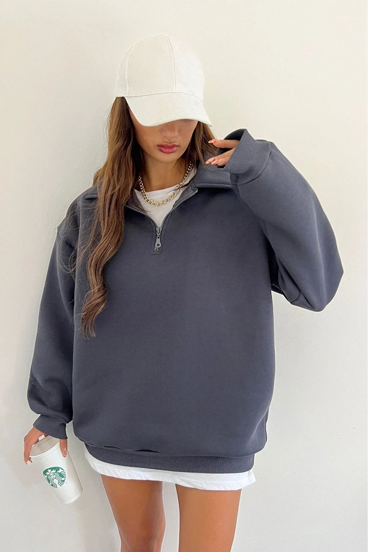 Charme Elegant Unisex Büyük Beden Baskısız Yarım Fermuarlı Oversize Sweatshirt Hoodie