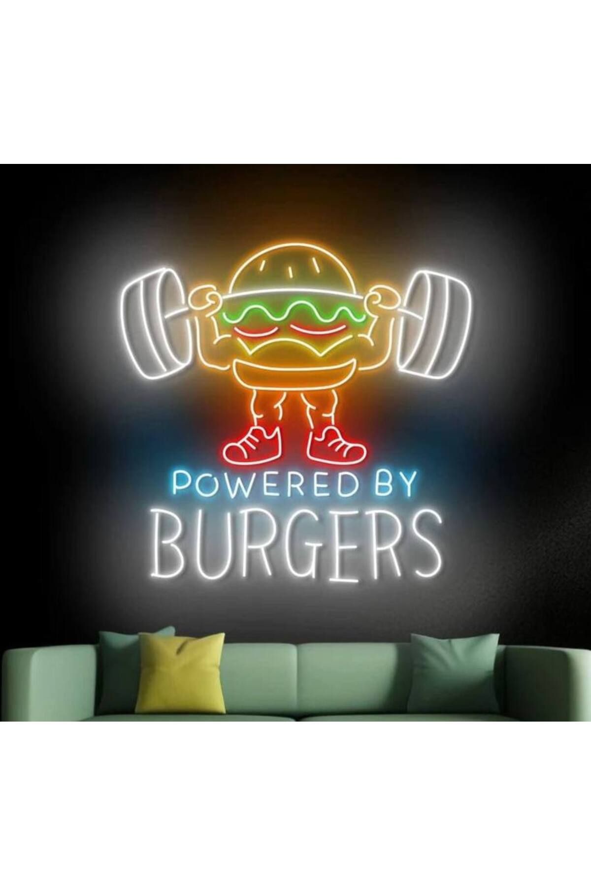 Twins Led Aydınlatma POWERED BY BURGERS Yazılı ve Şekilli Neon Tabela