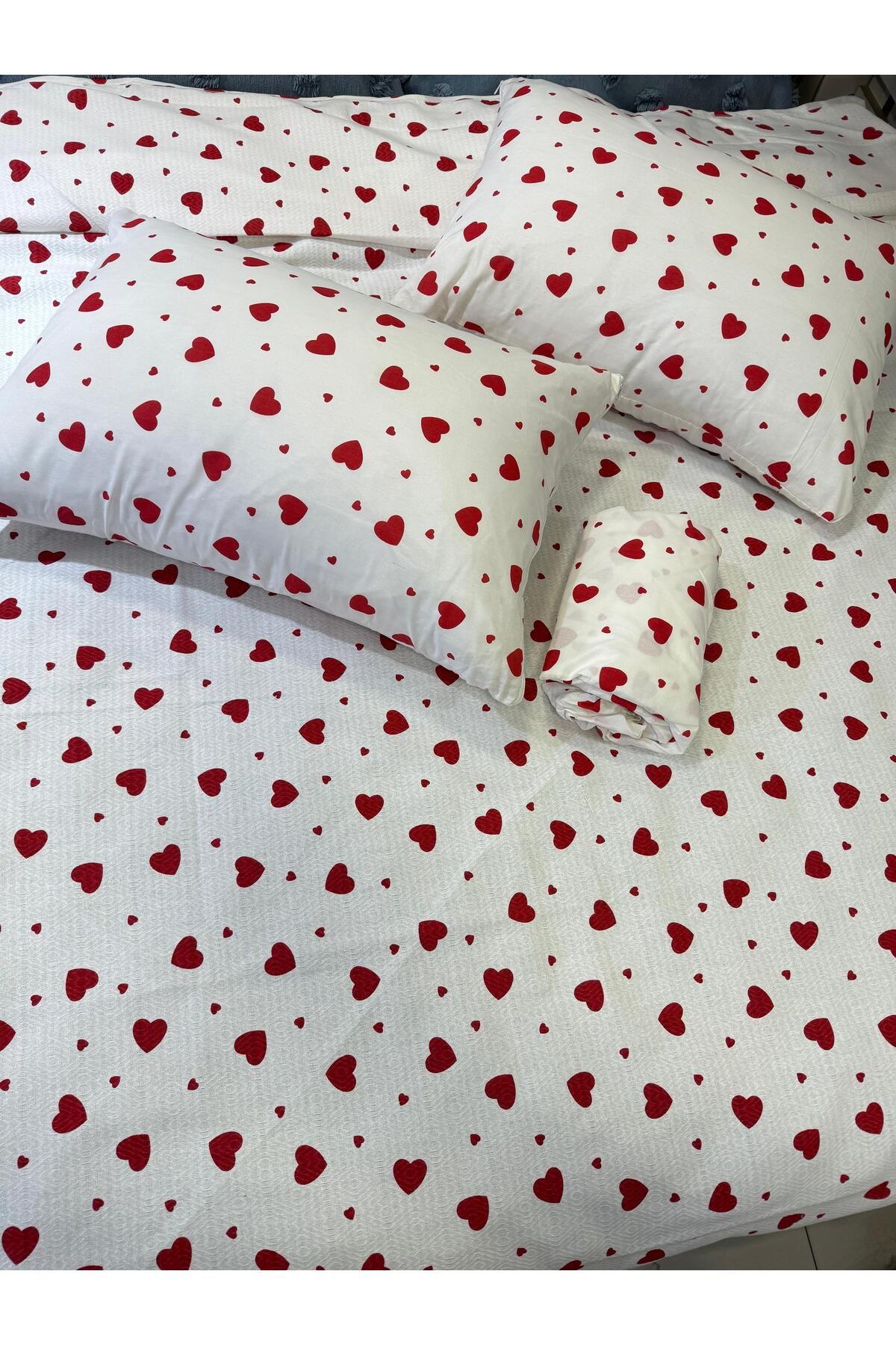 ŞENER HOME-Heart Patterned Bed Sheet Elastic Single Pique Set 7