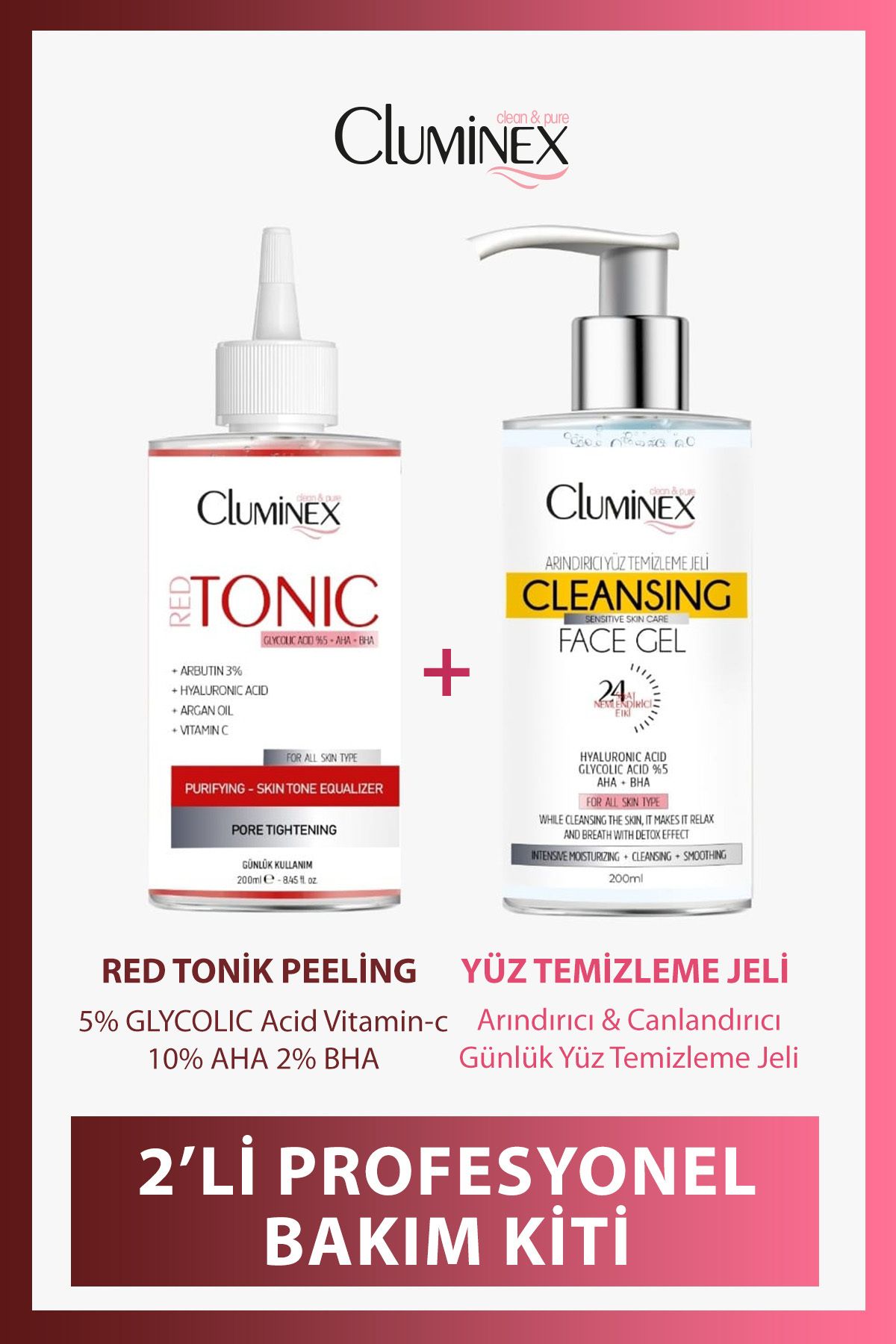 CLUMİNEX Red tonik (200 ml )ve yüz temizleme jeli (200 ml )2 li profesyonel bakım kiti