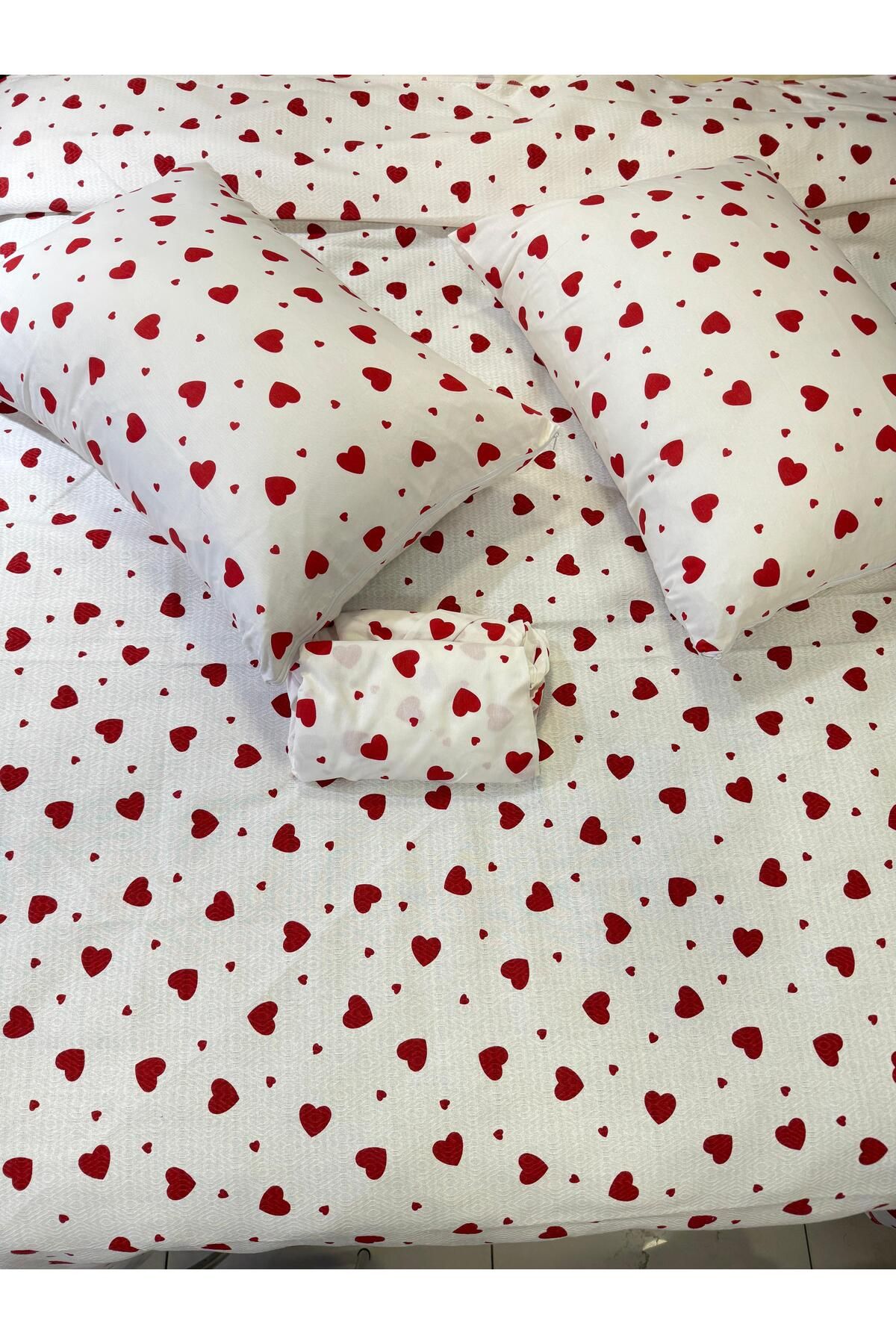 ŞENER HOME-Heart Patterned Bed Sheet Elastic Single Pique Set 4