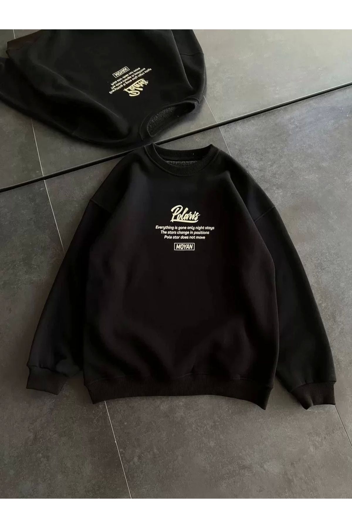 AE Stil Kışlık Bisiklet Yaka Ön Ve Arka Baskılı SweatShirt - Siyah