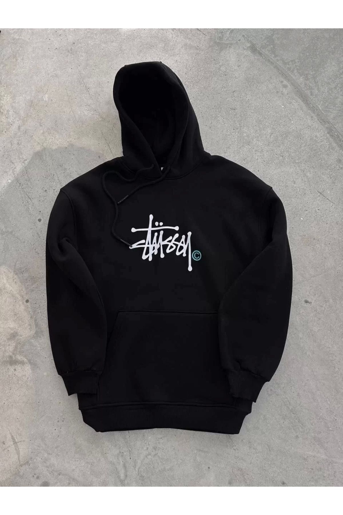 AE Stil Üç İplik Kapşonlu Baskılı SweatShirt - Siyah