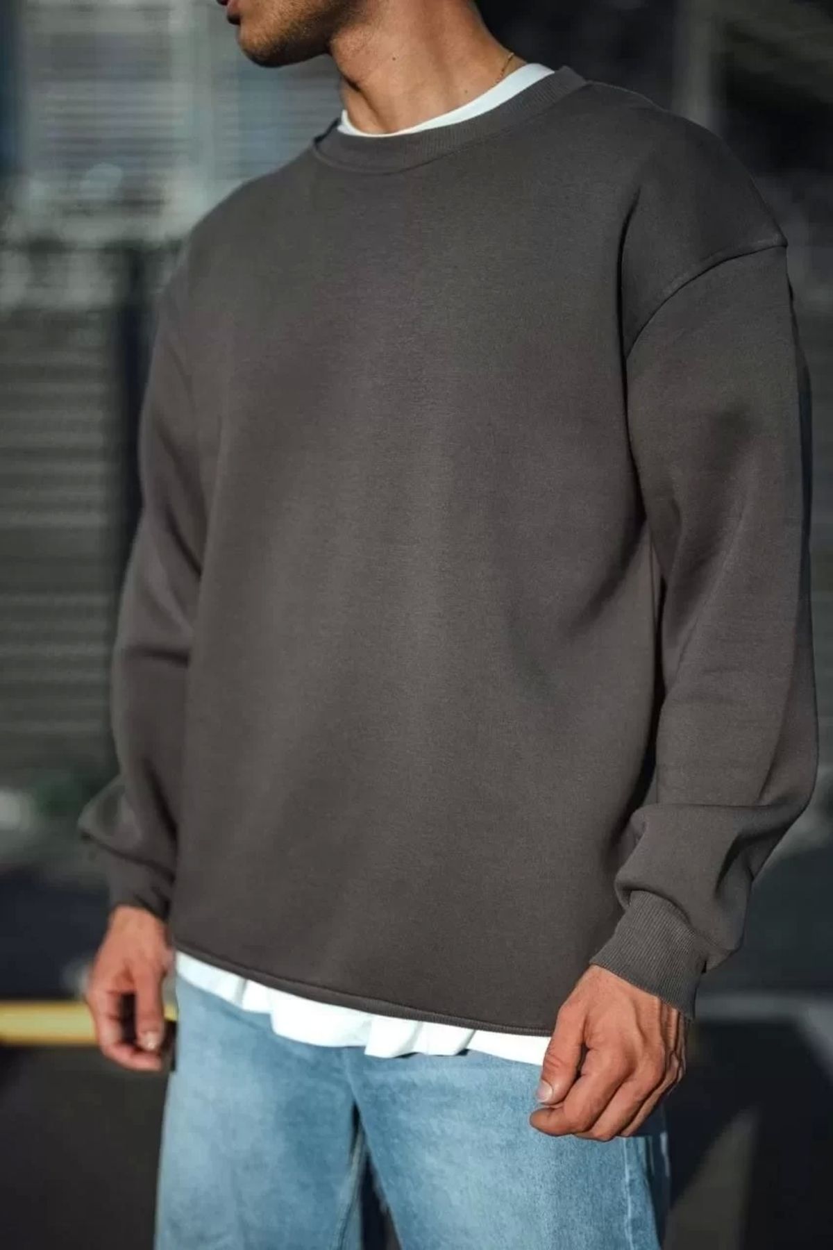 AE Stil Kışlık Bisiklet Yaka Üç İplik Basic SweatShirt - Antrasit