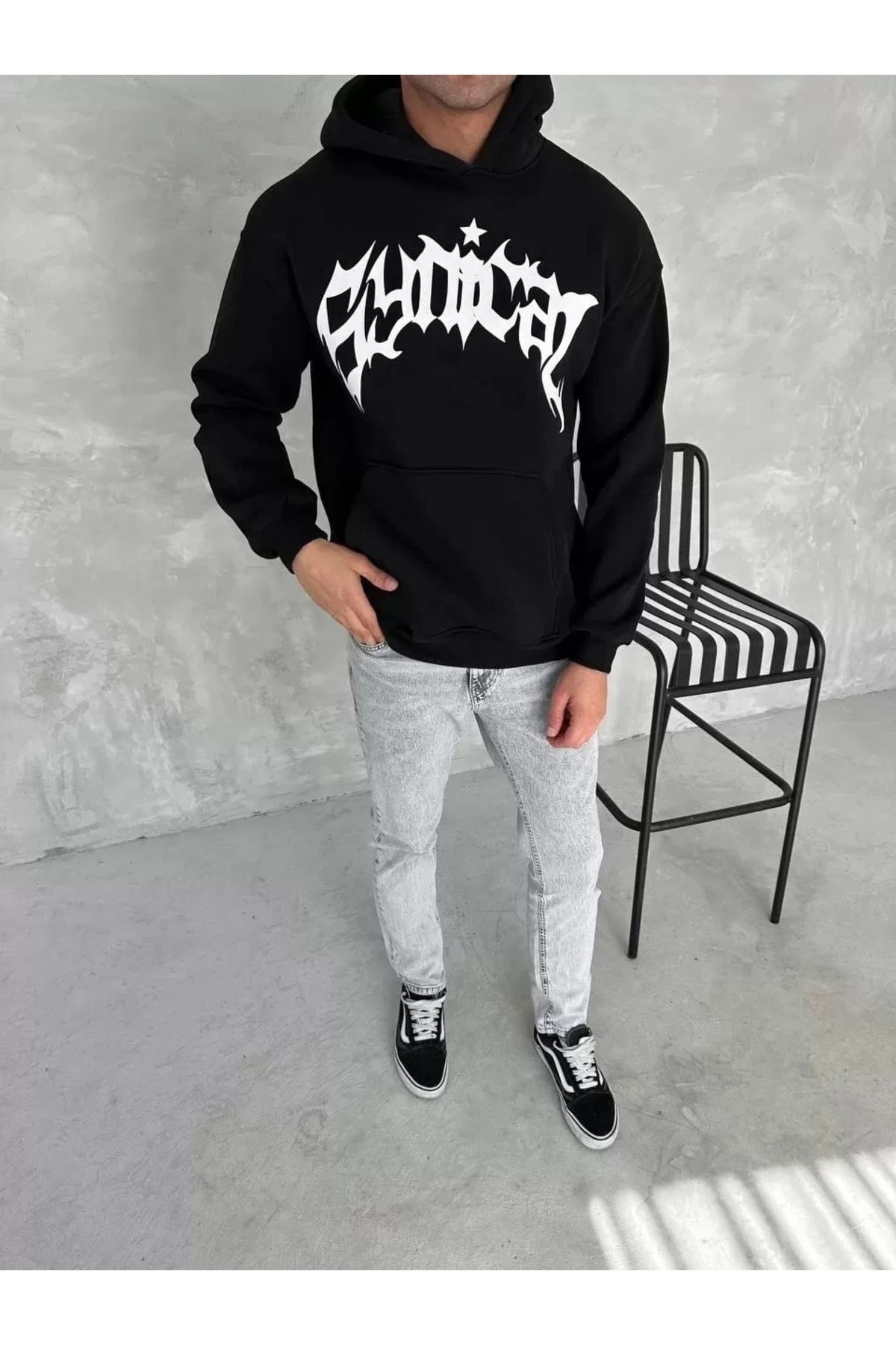 AE Stil Unisex Üç İplik Kapüşonlu Baskılı SweatShirt - Siyah
