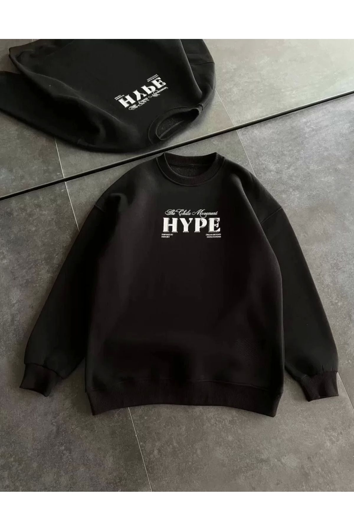 AE Stil Kadın Üç İplik Bisiklet Yaka Baskılı SweatShirt - Siyah