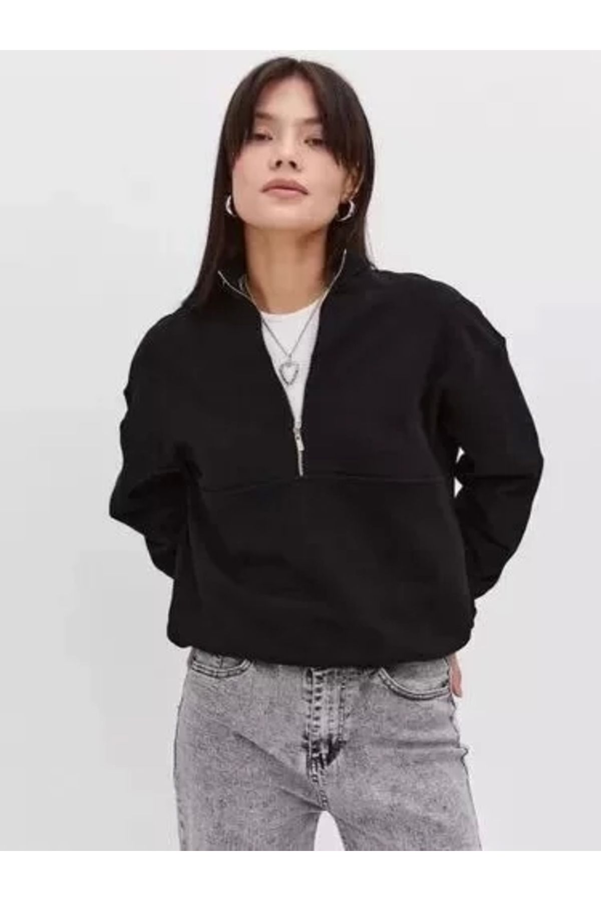 AE Stil Oversize Yarım Farmuarlı Yakalı Basic SweatShirt - Siyah