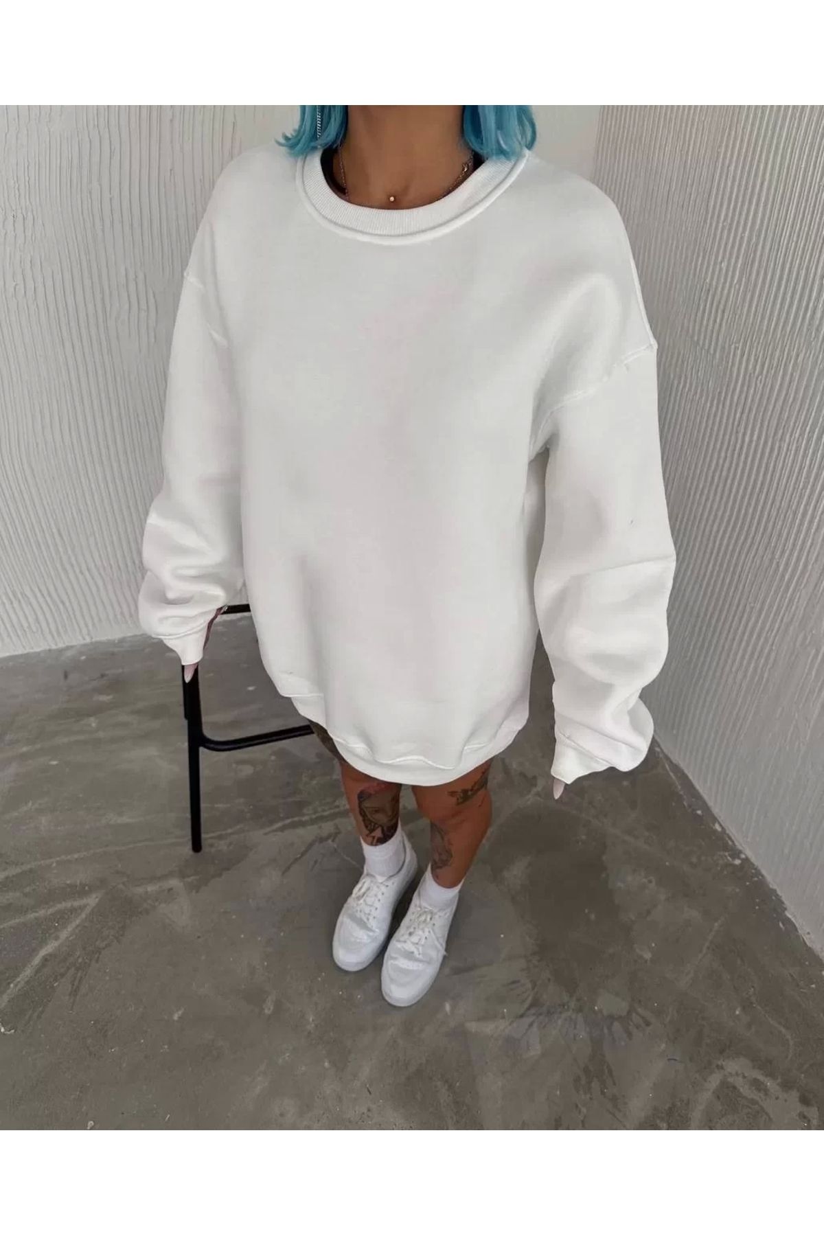 AE Stil Kışlık Bisiklet Yaka Üç İplik Basic SweatShirt - Beyaz