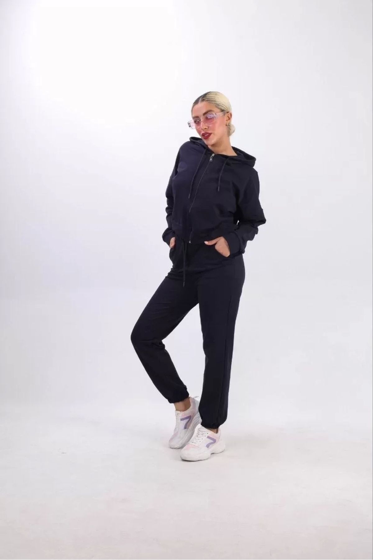 AE Stil iki iplik Kapüşonlu Fermuarlı Crop Oversize Hırka Takım- Lacivert