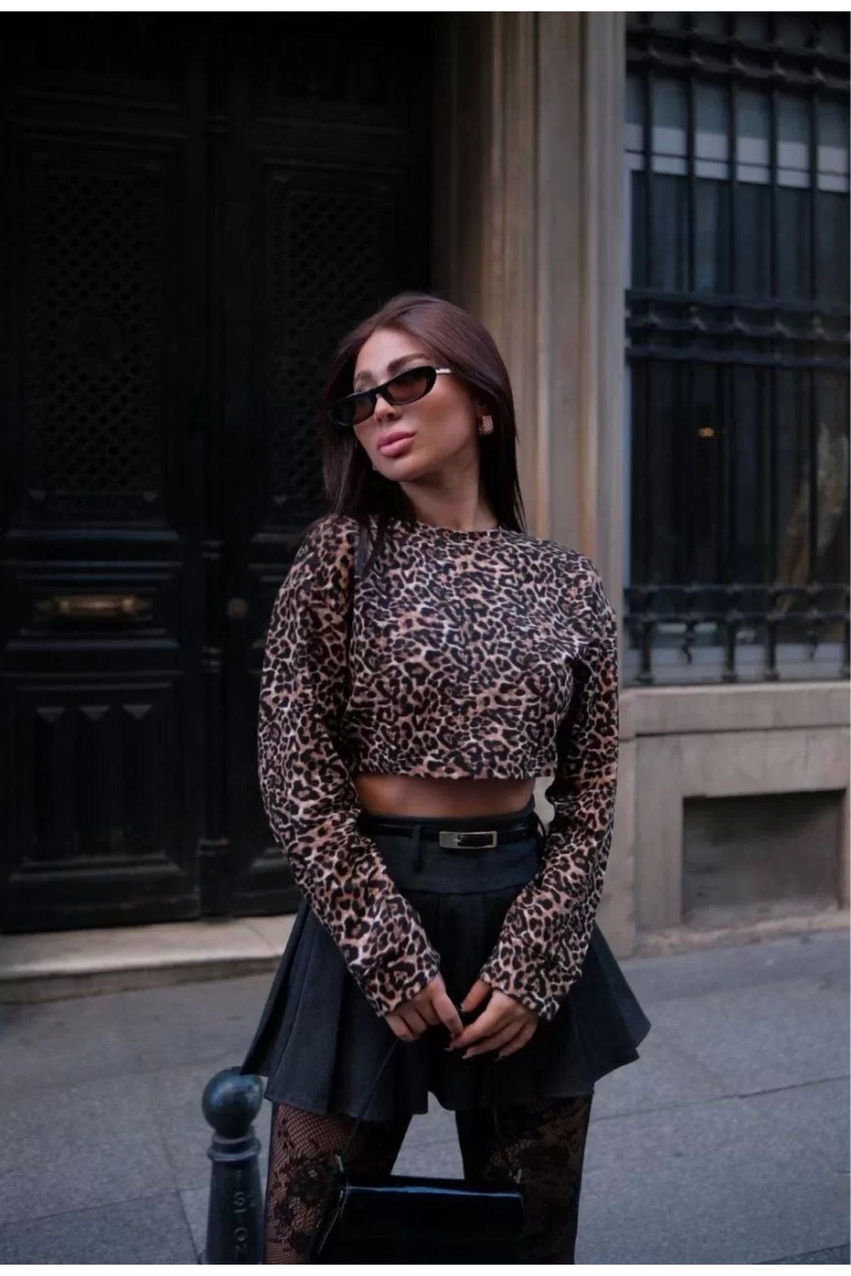 AE Stil Leopar desenli Uzun Kollu Crop - Leopar