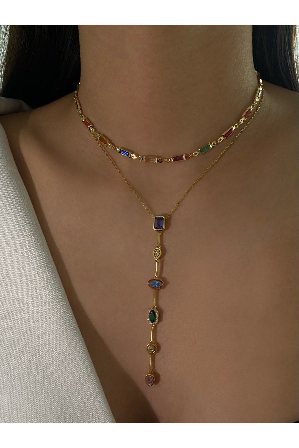 H&B Design Gold Baget Taşlı Choker