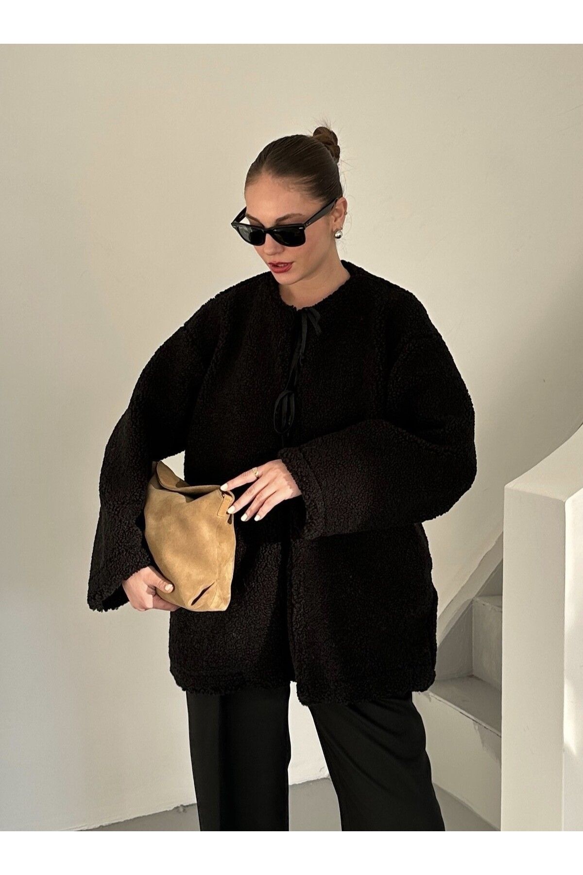 Laluvia-Schwarze Teddyjacke mit Schnürung vorne-7328 4