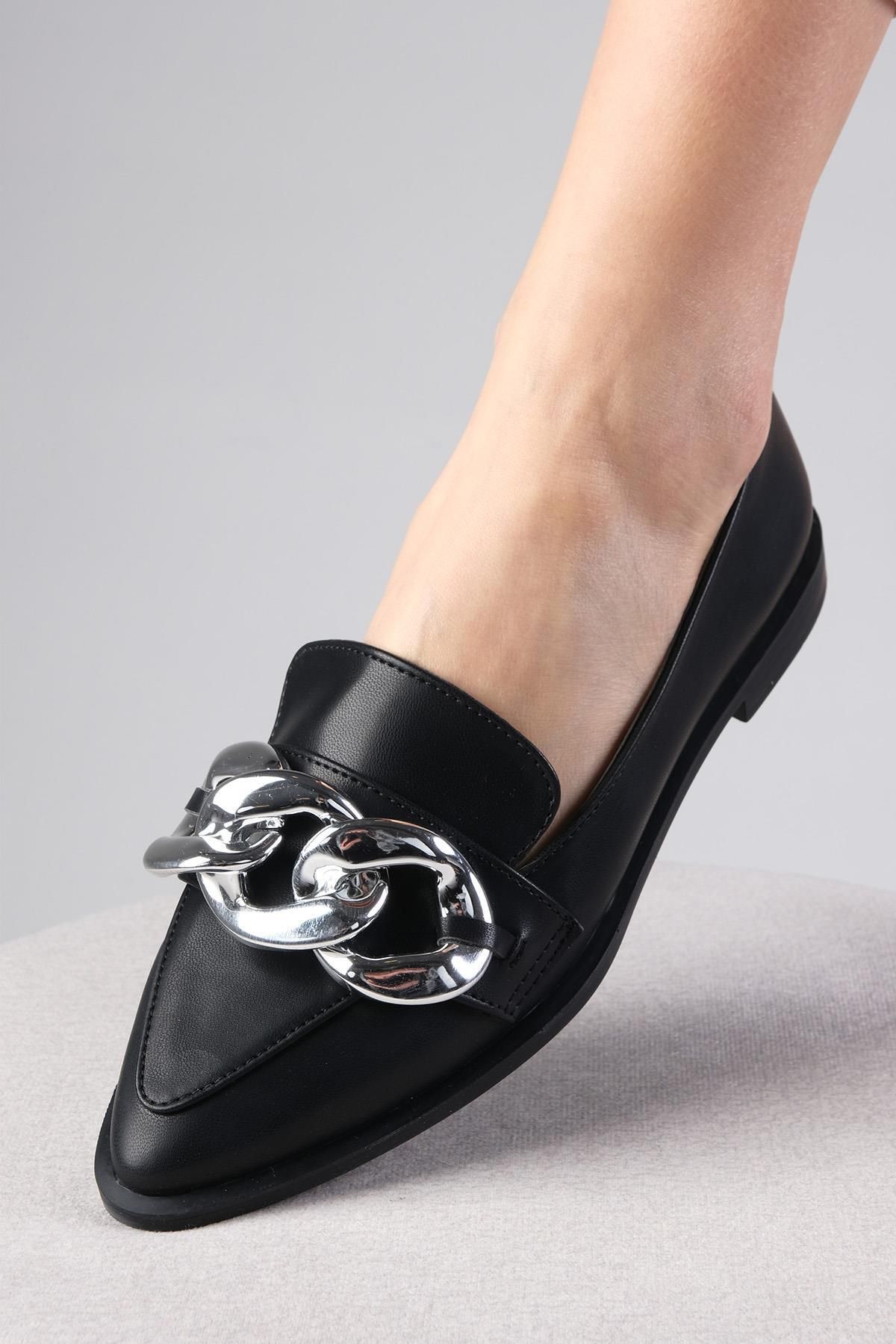 لوفر مشکی زنانه سیاه Gianna Color Chain Accessory Loafer Daily Flat Mio Gusto