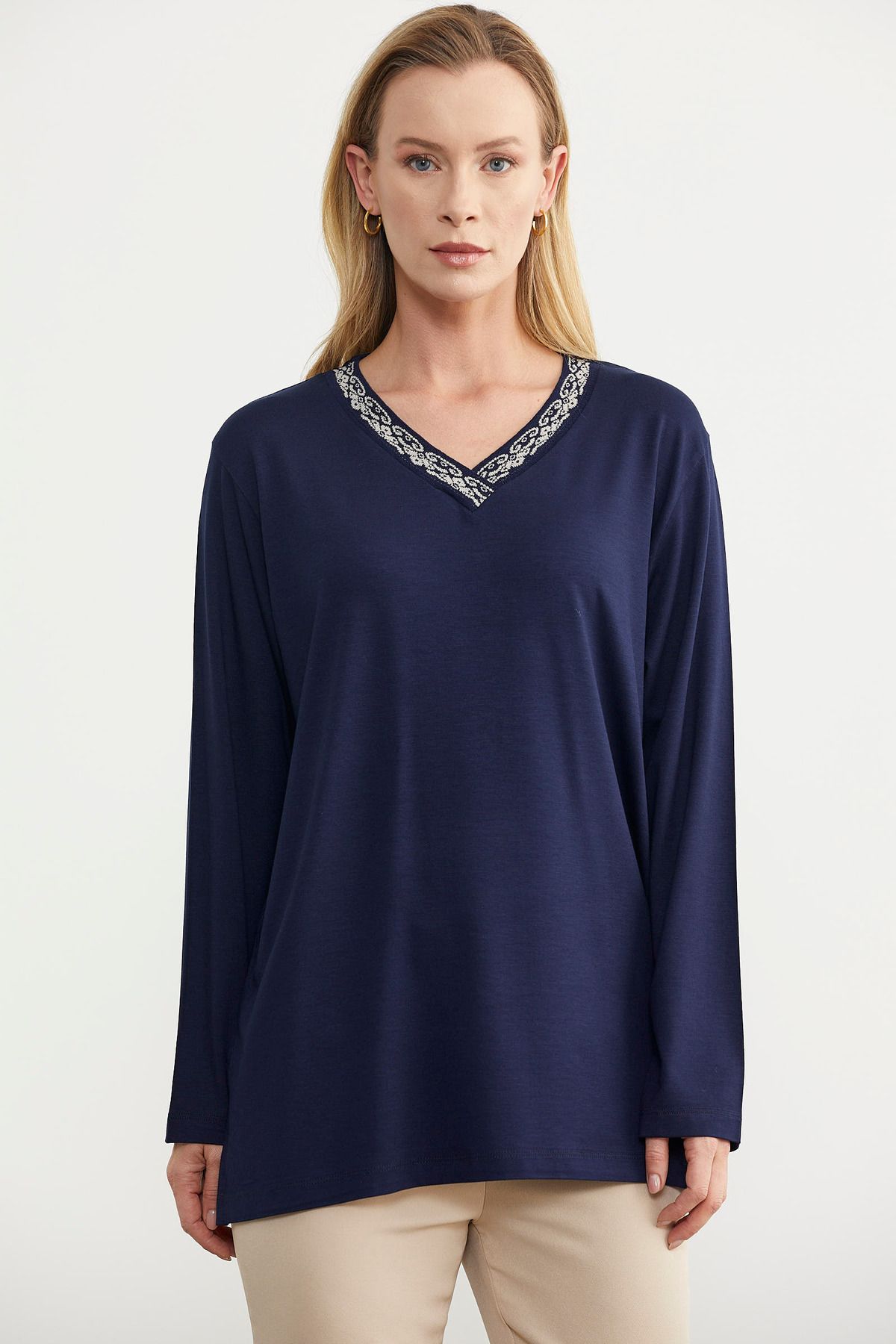 Sementa-Navy Blue Long Sleeve Collar Detailed T-Shirt 2