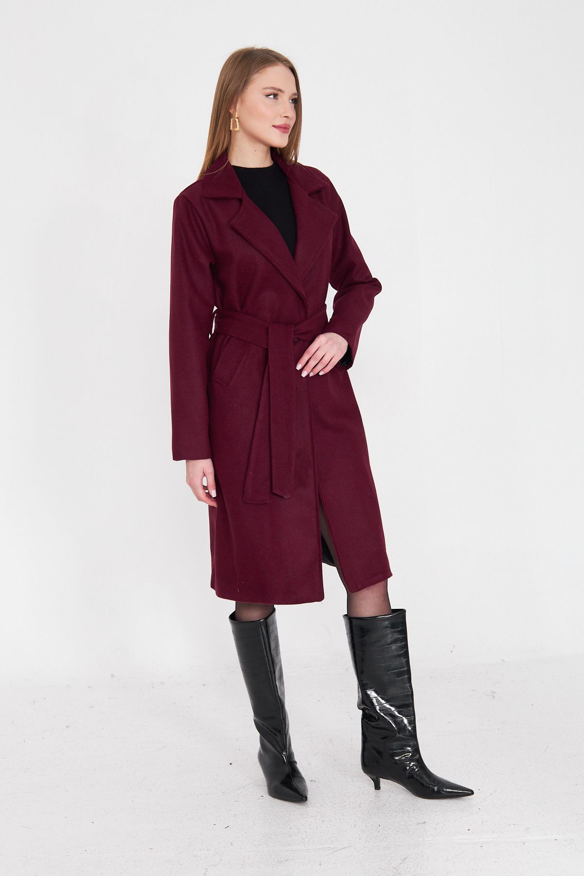 SevdeUgur-Women's Plum Belted Buttoned Cashmere Coat / Sevde Ugur 5