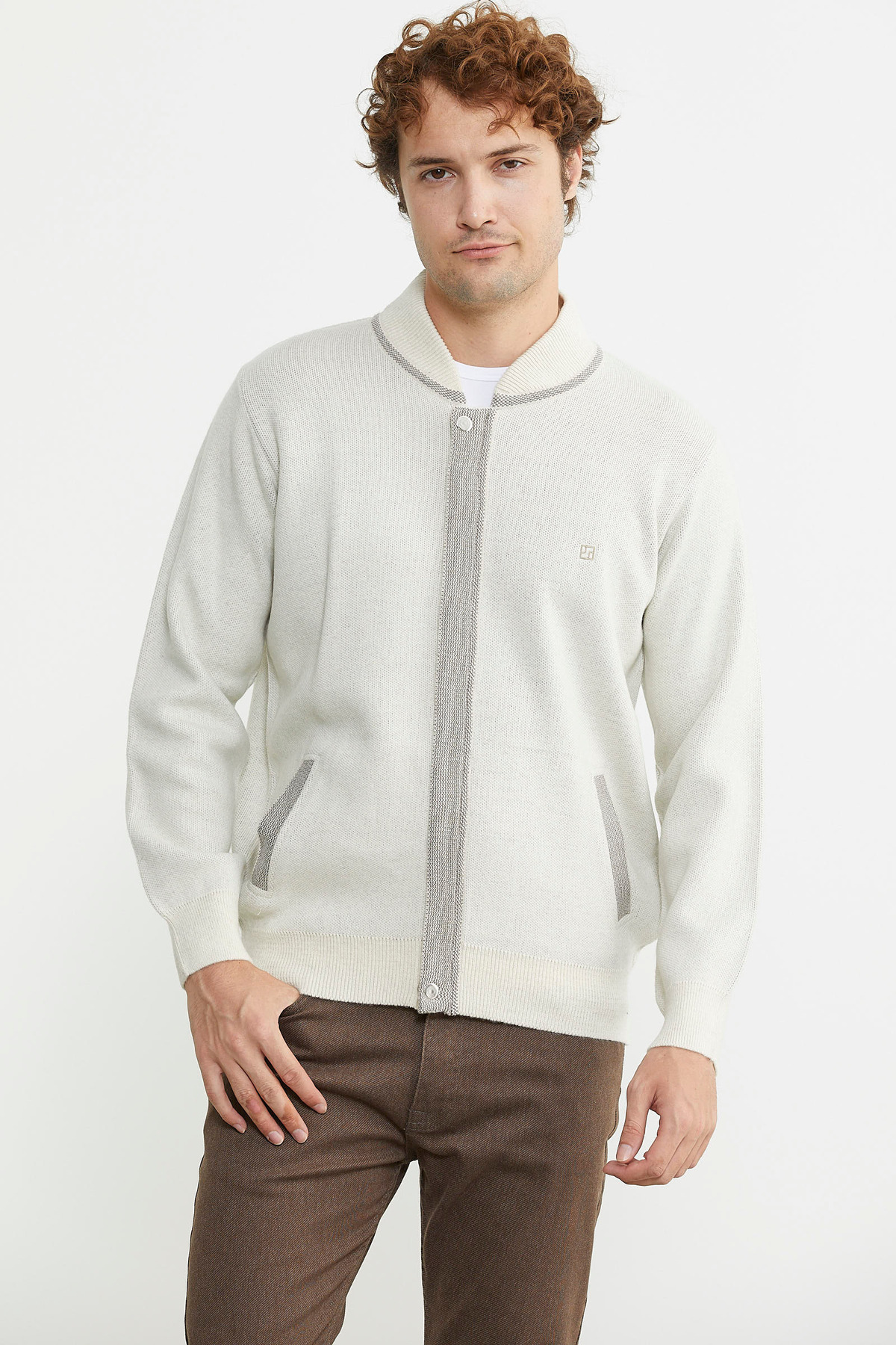 Sementa-Beige and Milk Brown Woolen Knitwear Coat with Pockets 4