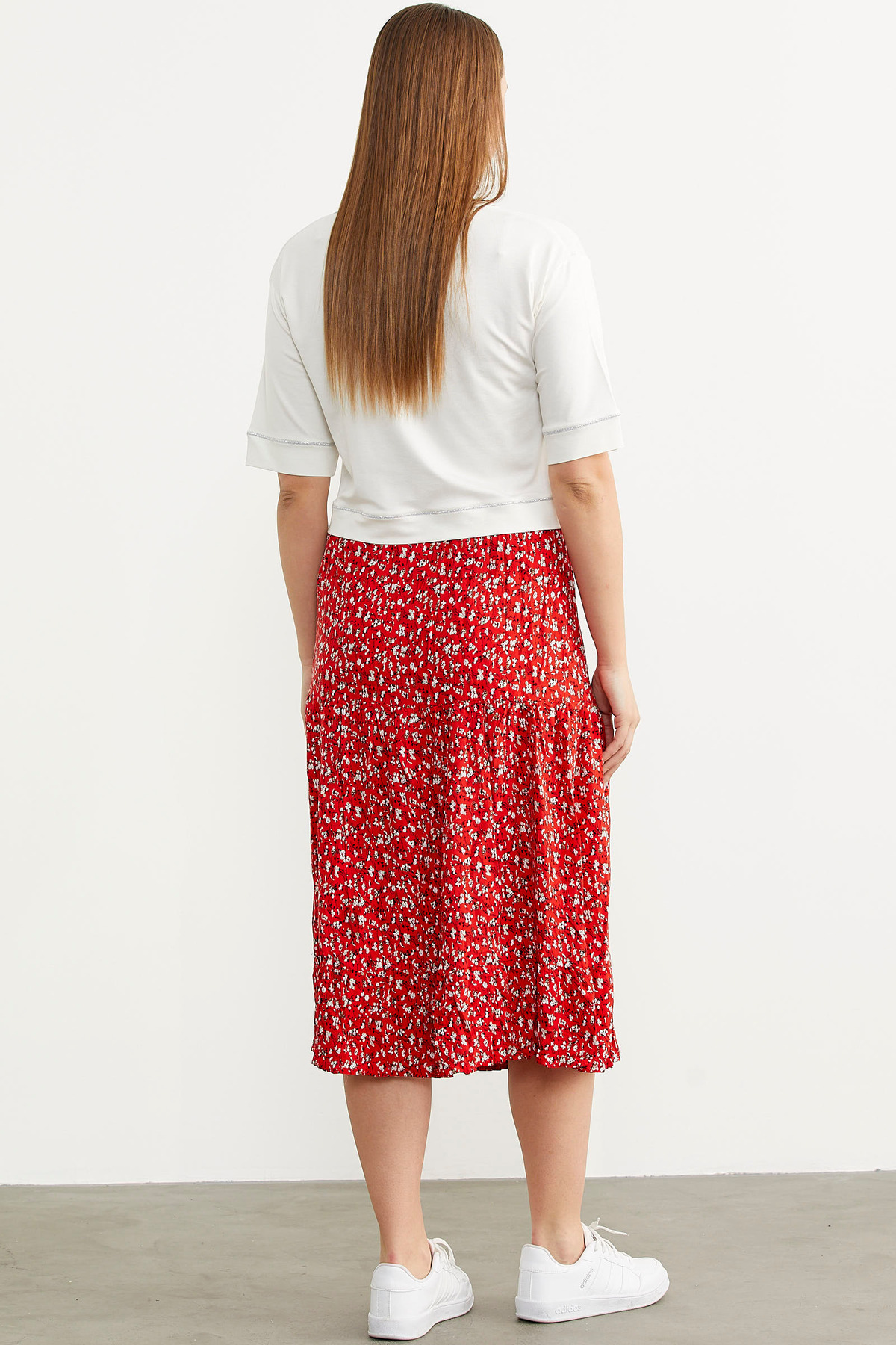 Sementa-Elastic Front Buttoned Patterned Skirt - Red 5