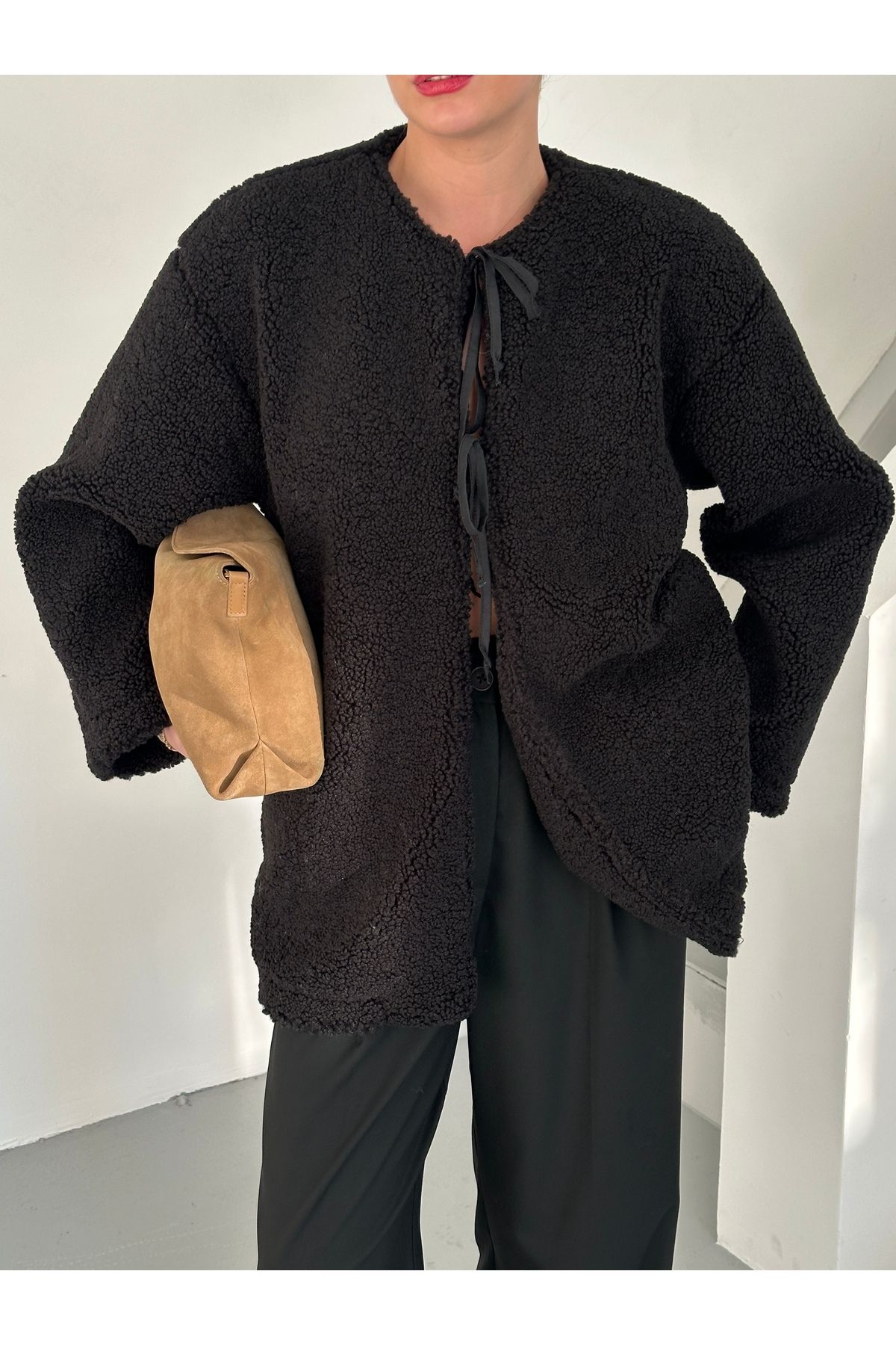 Laluvia-Schwarze Teddyjacke mit Schnürung vorne-7328 2