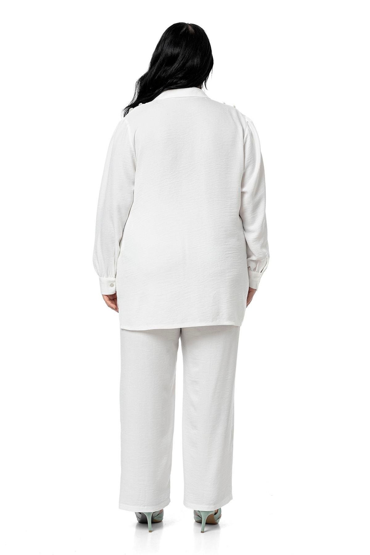DISENTIS MODEST-Plus Size Pearl Detailed Shirt Pants White Double Set 3