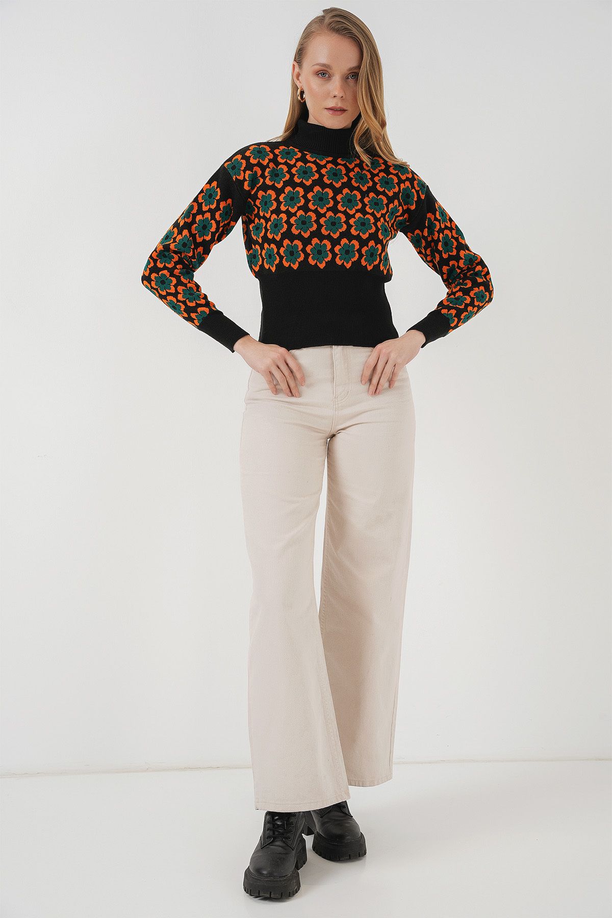 Bigdart-15801 Turtleneck Patterned Crop Sweater - Orange 2