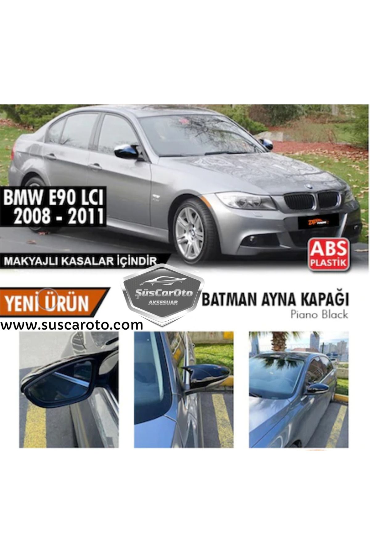 caralp BMW E90 LCİ Makyajlı Kasa 2008-2011 3 Serisi Batman Yarasa Ayna Kapağı Piano Black ABS Plastik