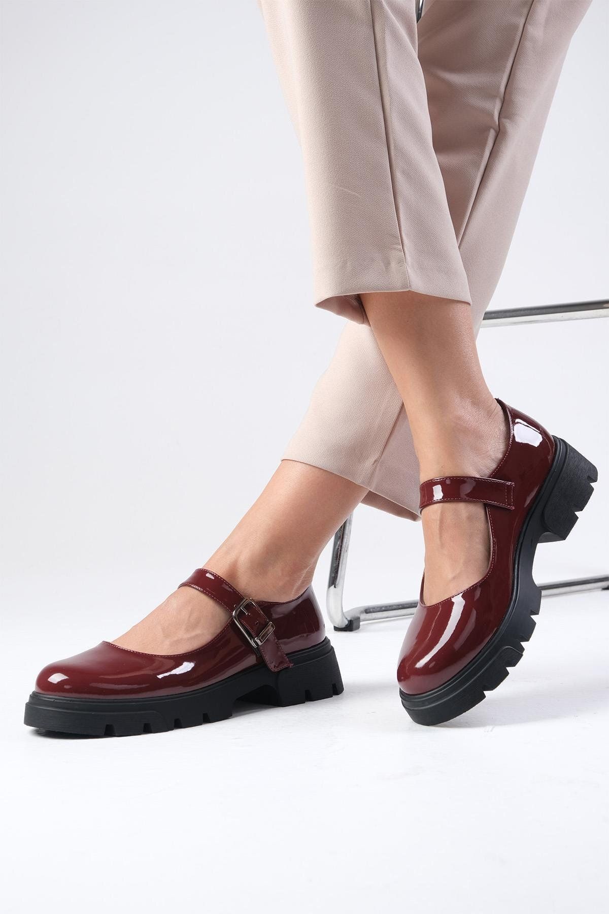 Mio Gusto-Γυναικεία Loafer Παπούτσια Μπαλαρίνας Cyntia Βουργουνδίας Χρώμα λουστρίνι με χοντρή σόλα 5