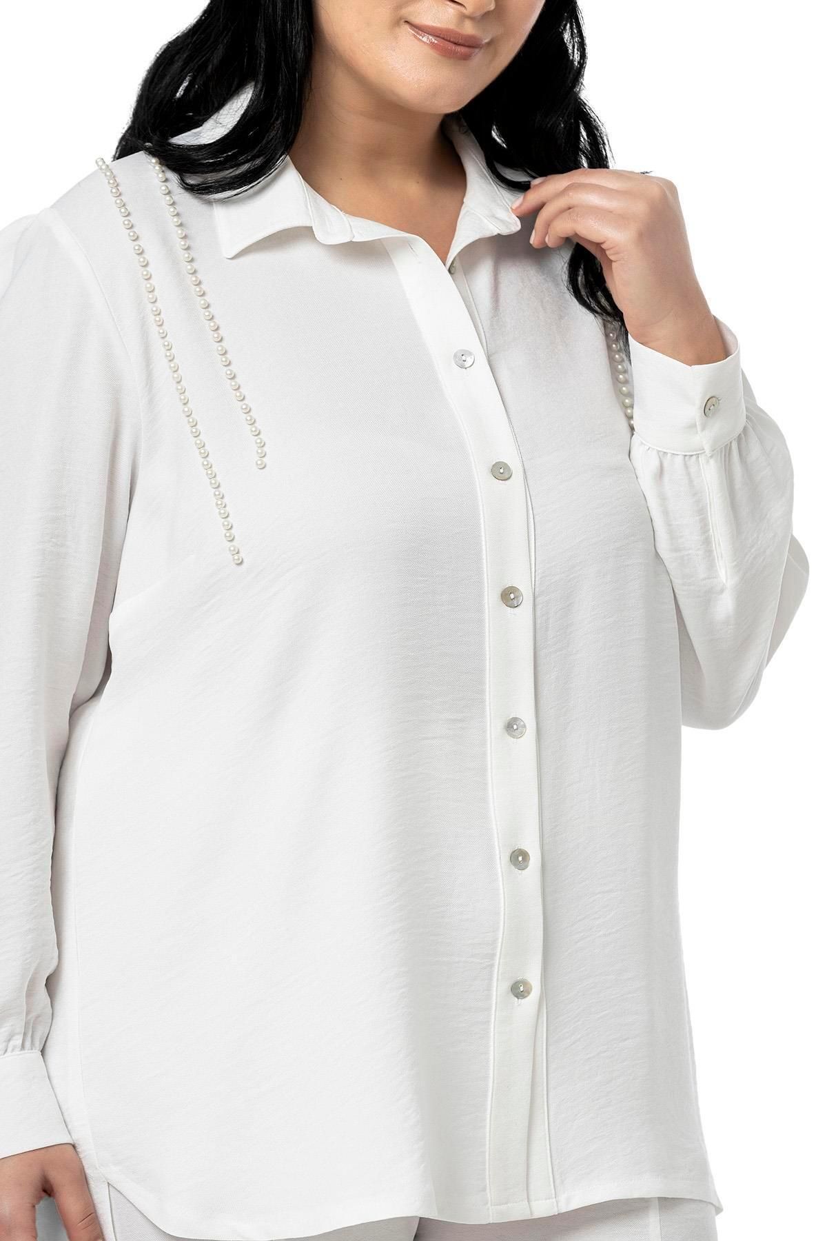 DISENTIS MODEST-Plus Size Pearl Detailed Shirt Pants White Double Set 4