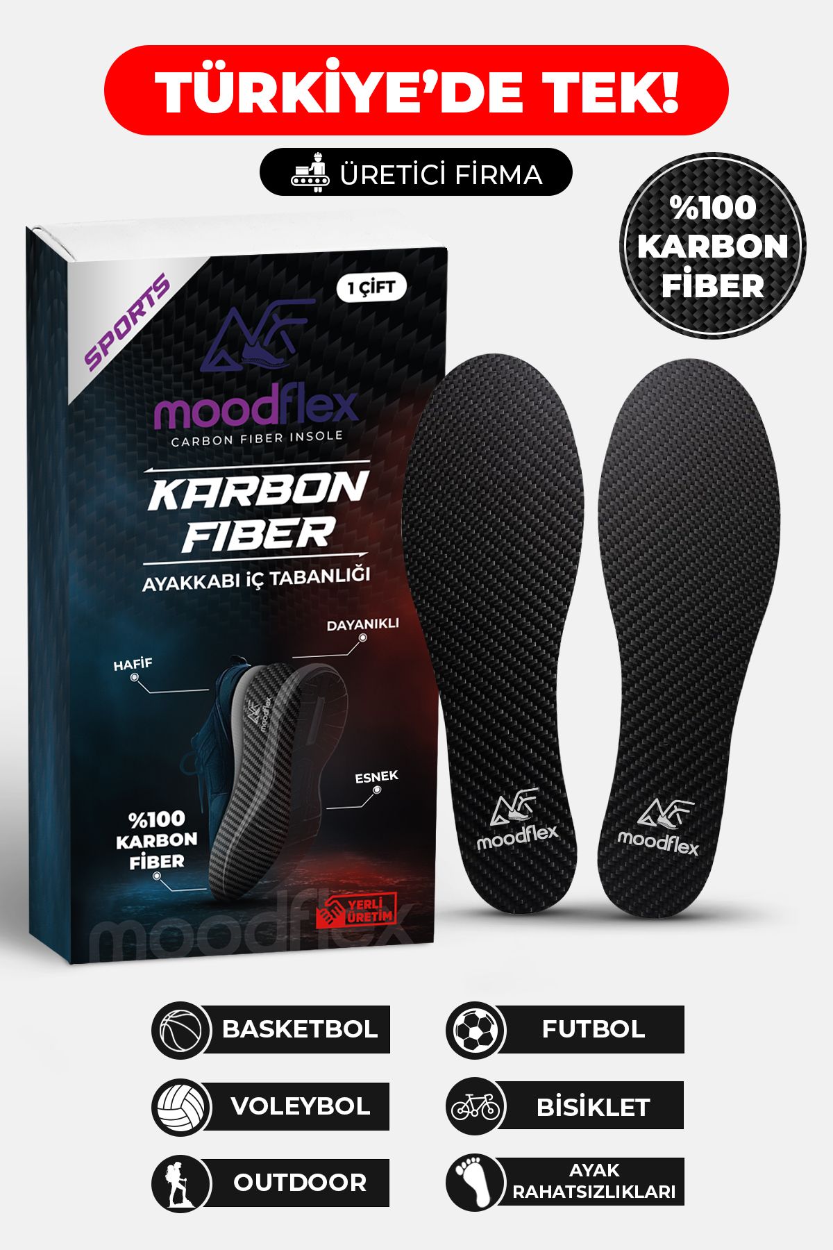 MoodFlex Karbon Fiber İç Tabanlık %100 Karbon Fiber Sporcular ve Ayak Sağlığı Karbon Fiber Tabanlık (1.4MM)