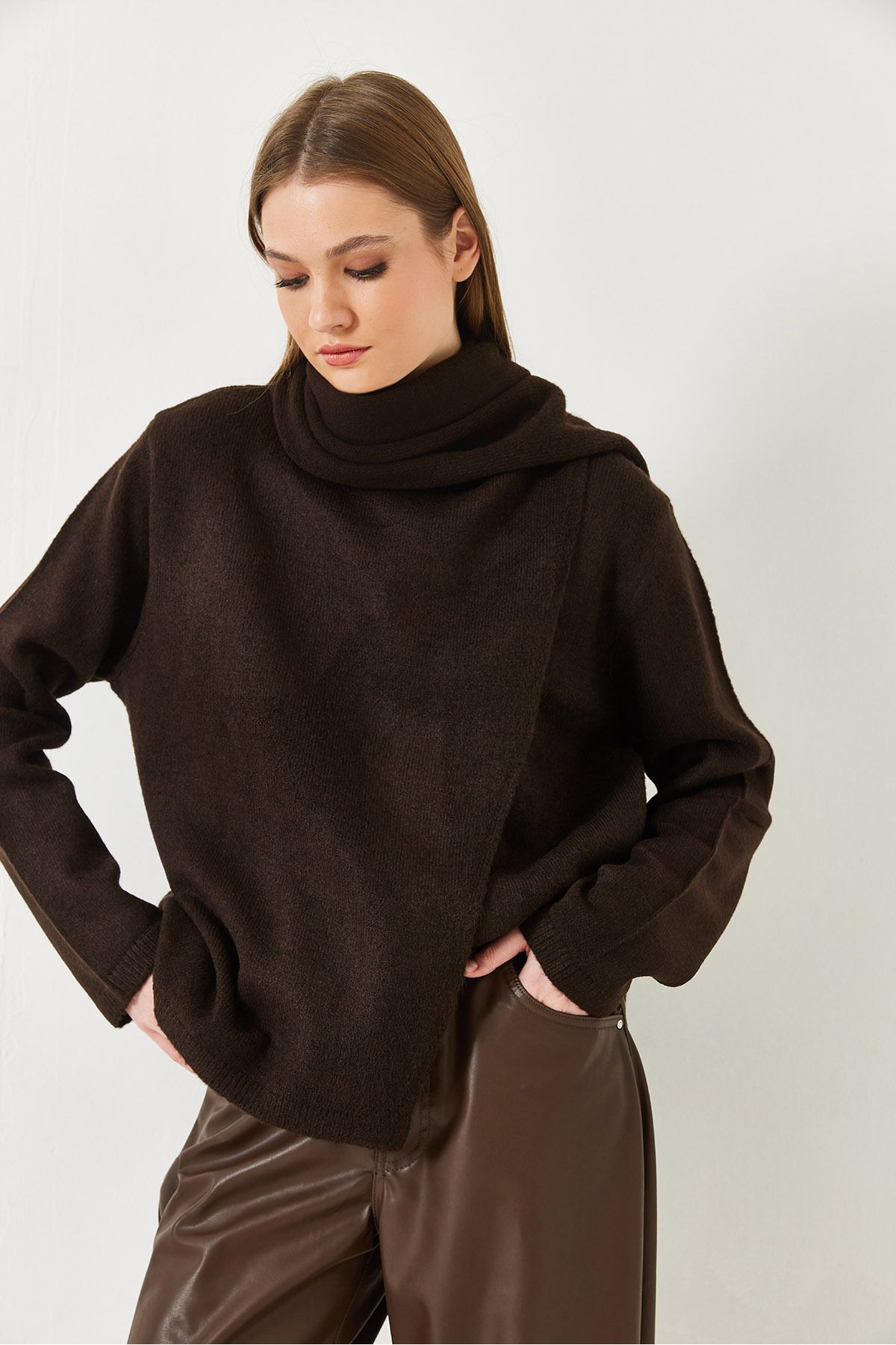 Bianco Lucci-Women's Self-Wrap Patterned Knitwear Sweater 241240 60261321 4