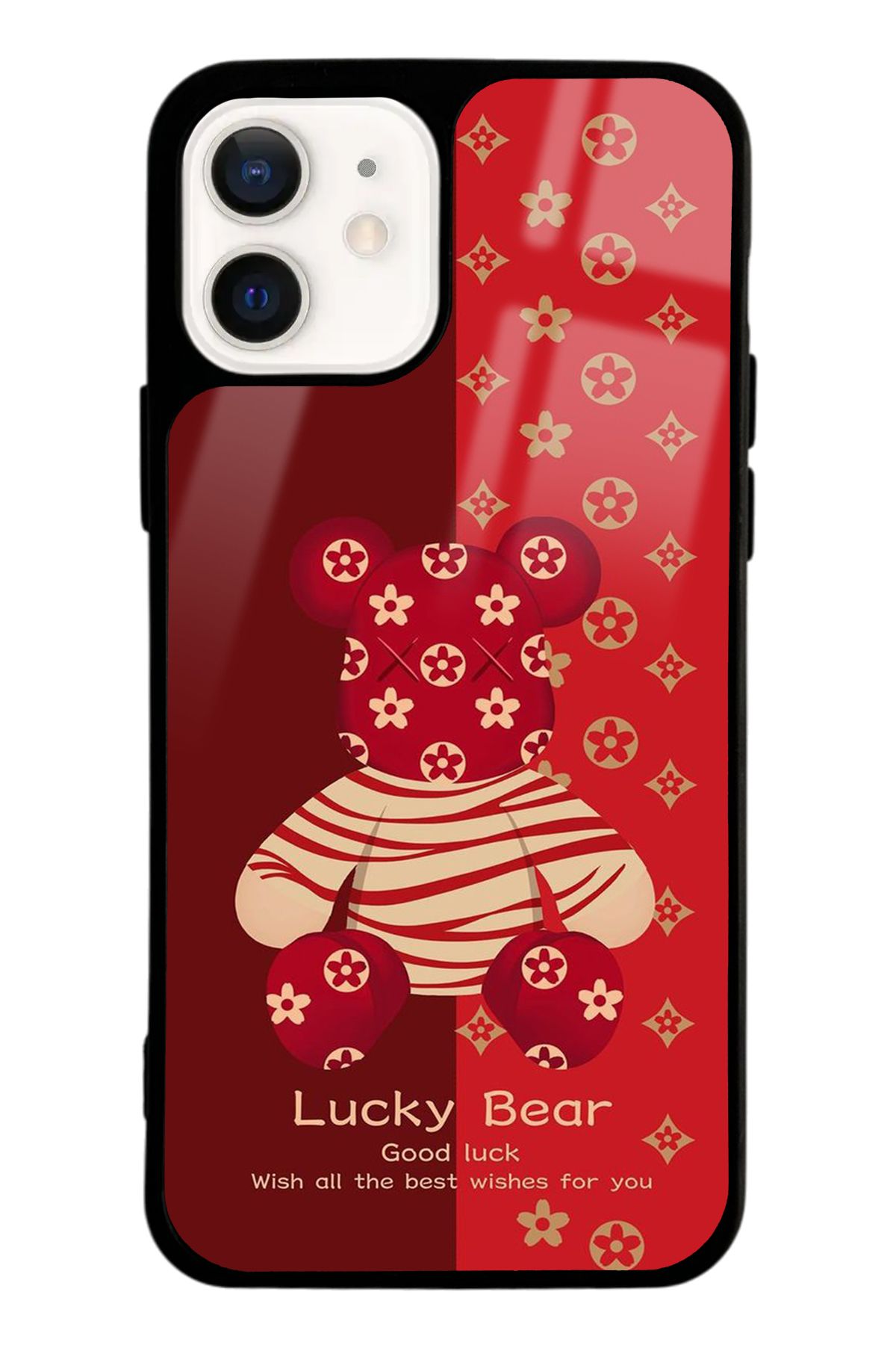 Spoyi iPhone 12 Red Lucky Bear Tasarımlı Glossy Telefon Kılıfı