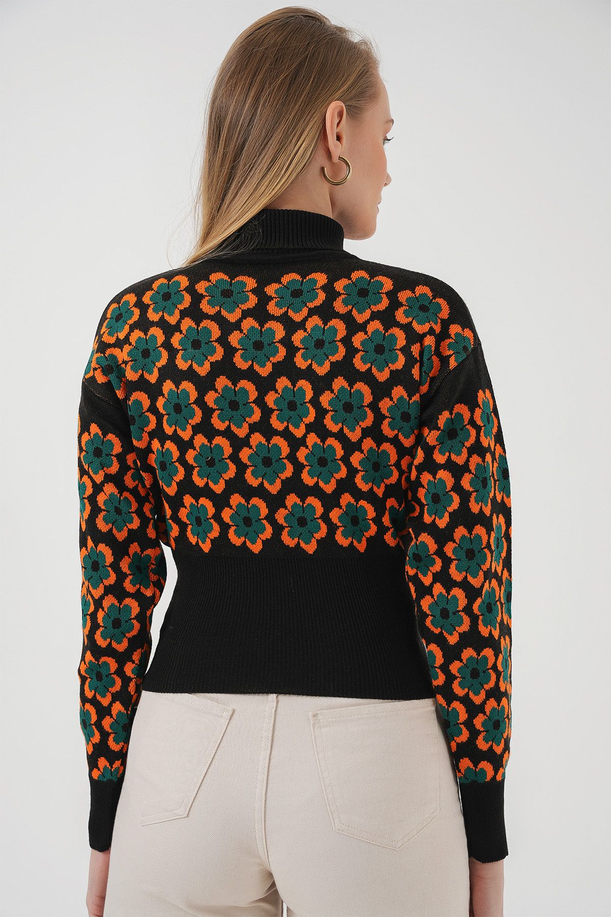 Bigdart-15801 Turtleneck Patterned Crop Sweater - Orange 6