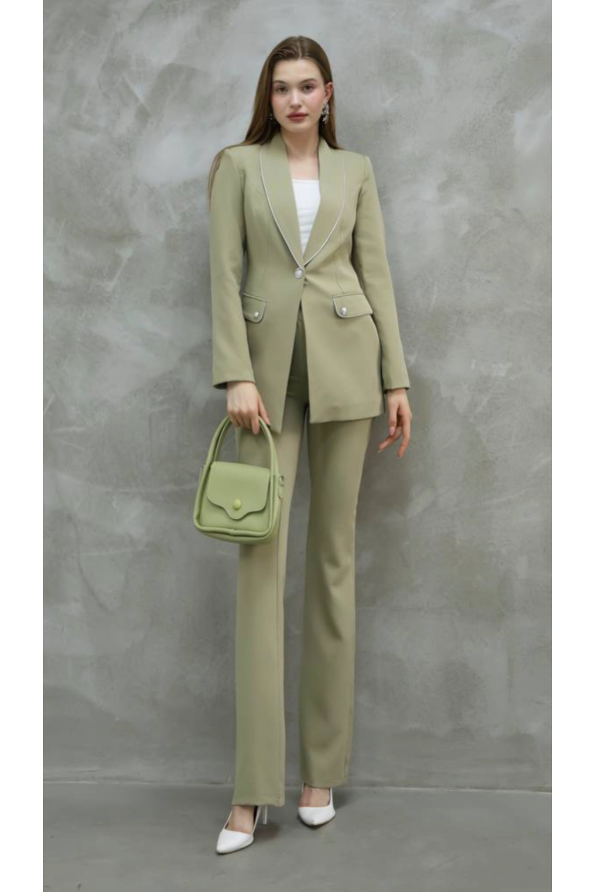 ZF BUTİK-Khaki Women's Jacket and Trousers Set - Silver Detailed 3