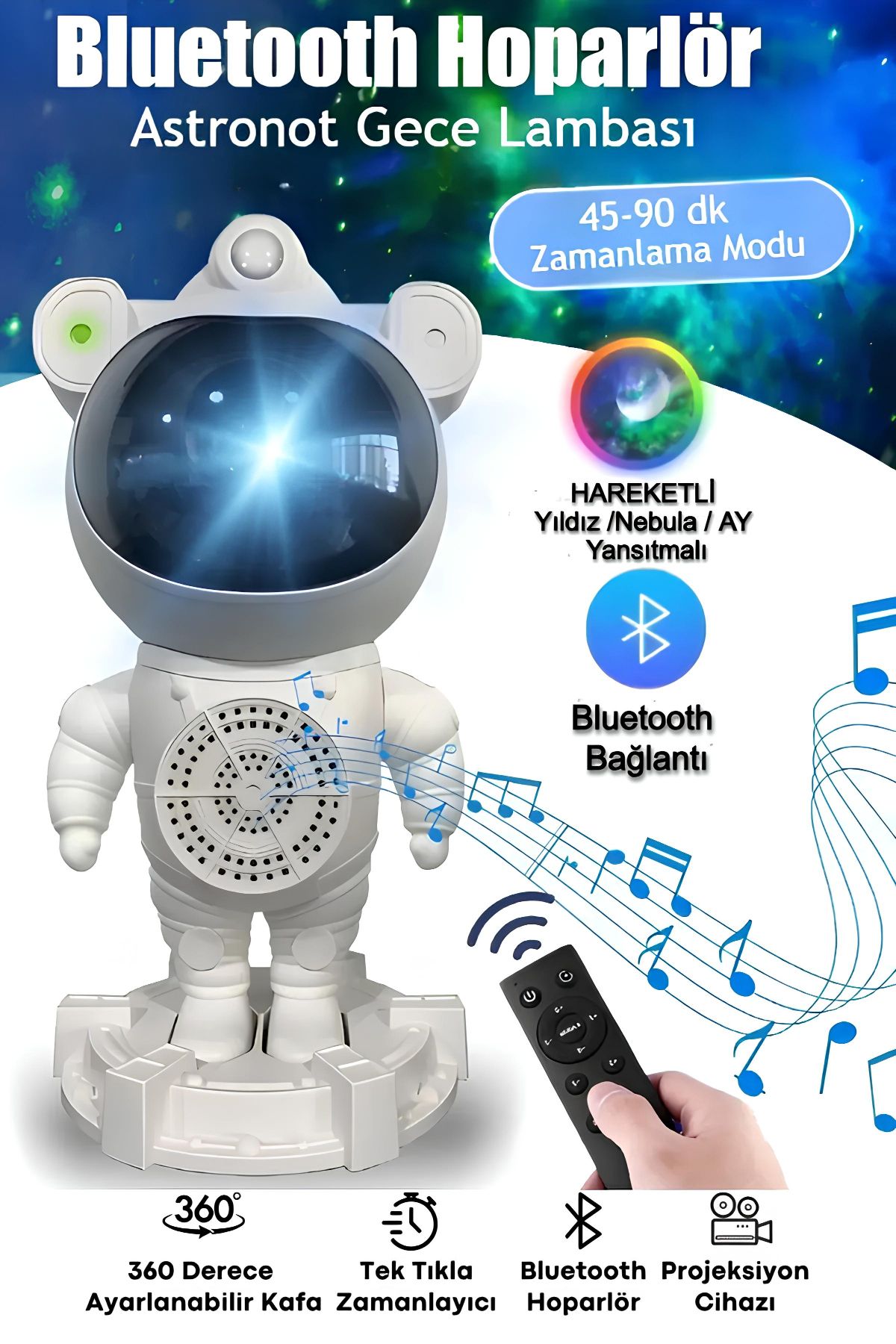 Ecuy Projeksiyon Gökyüzü Gece Lambası Astronot Bluetooth Hoparlör Hareketli Galaxy Bulutsu Zamanlayıcılı