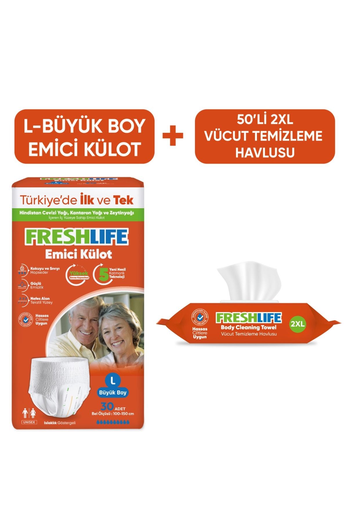 Freshlife Large Emici Külot Bez 30 Adet+ 2XL Vücut Temizleme Havlusu 50 Yaprak