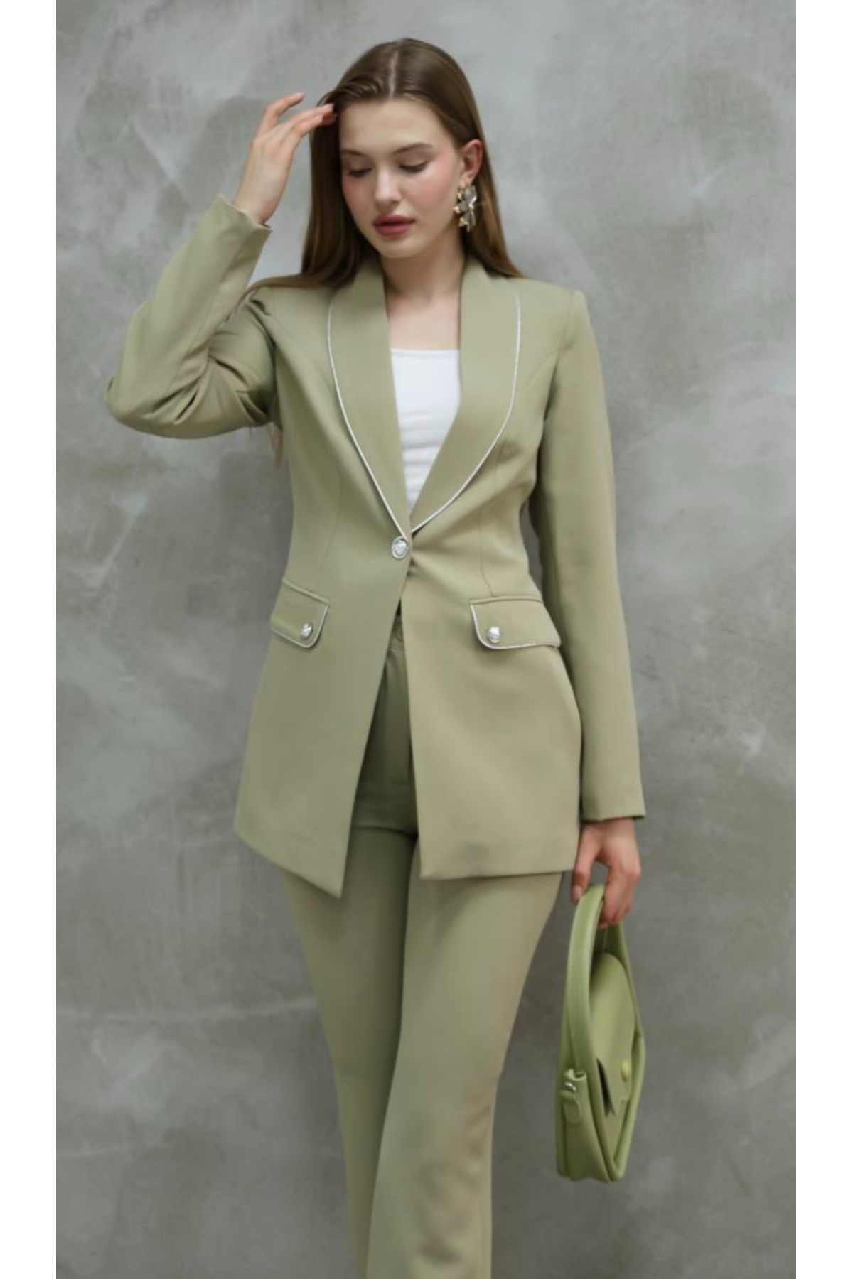 ZF BUTİK-Khaki Women's Jacket and Trousers Set - Silver Detailed 6