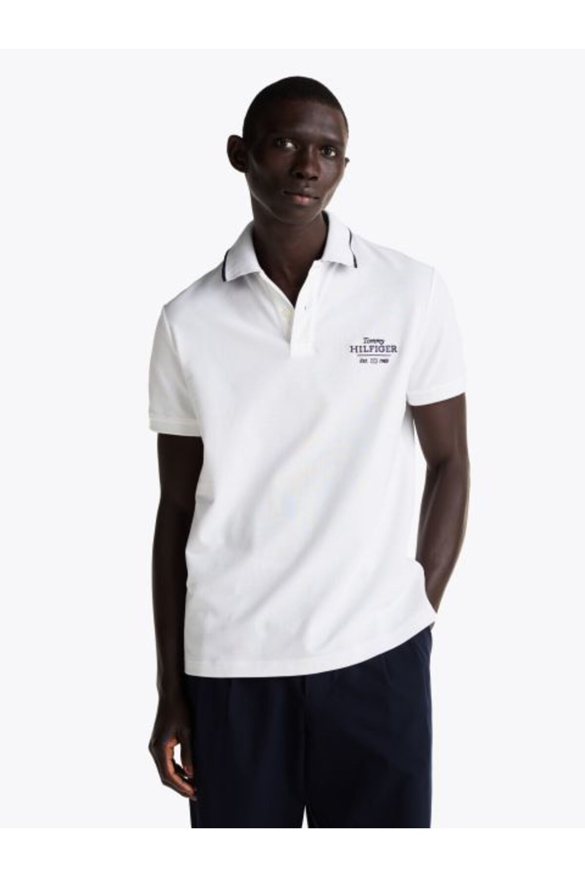 Tommy Hilfiger Erkek Organik Pamuk Kumaş Şeritli Polo Yaka Kısa Kollu Beyaz Polo Yaka T-Shirt MW0MW37519-YBR