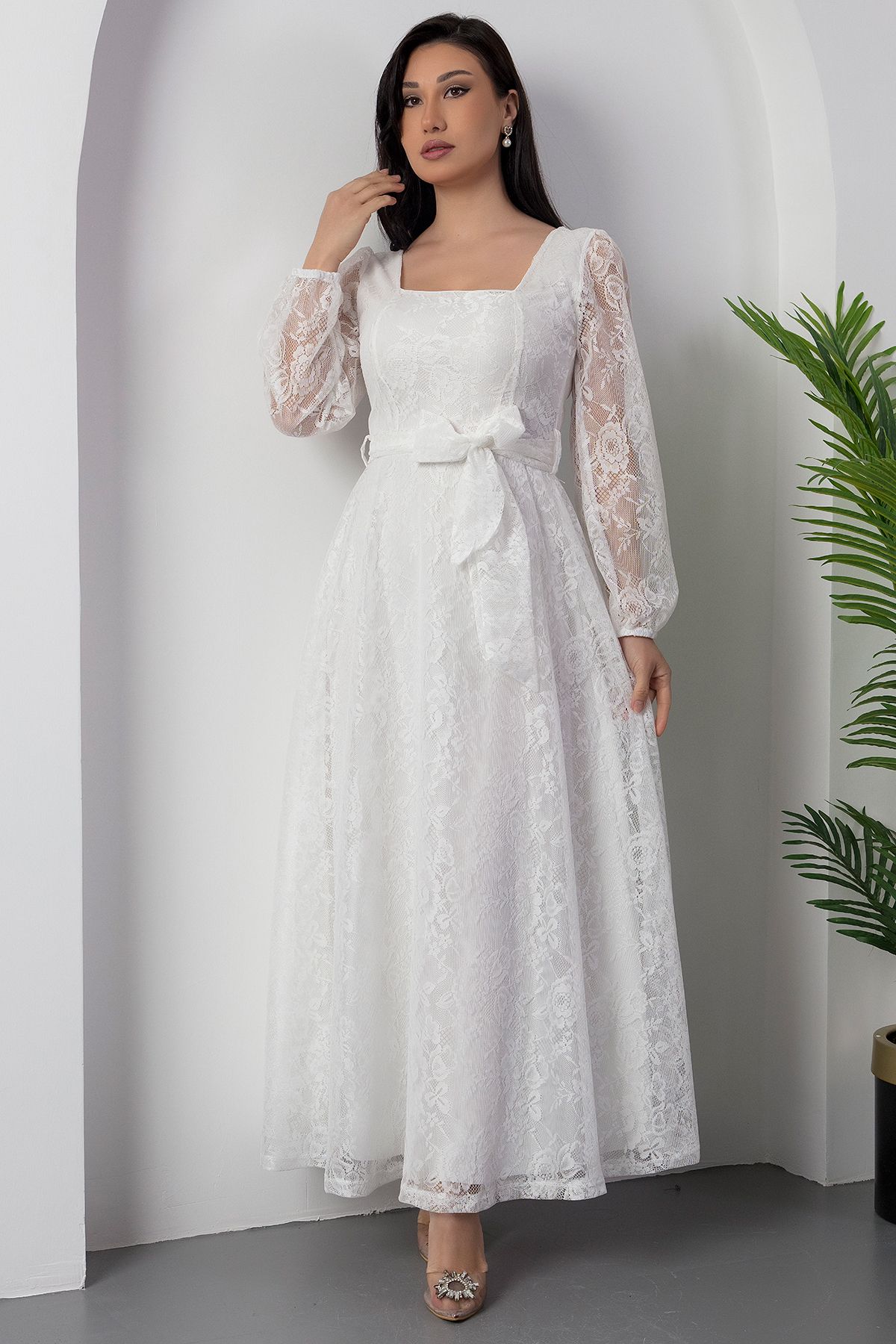 PULLIMM-Square Neck Lace Dress with Belt Ap-0222 5