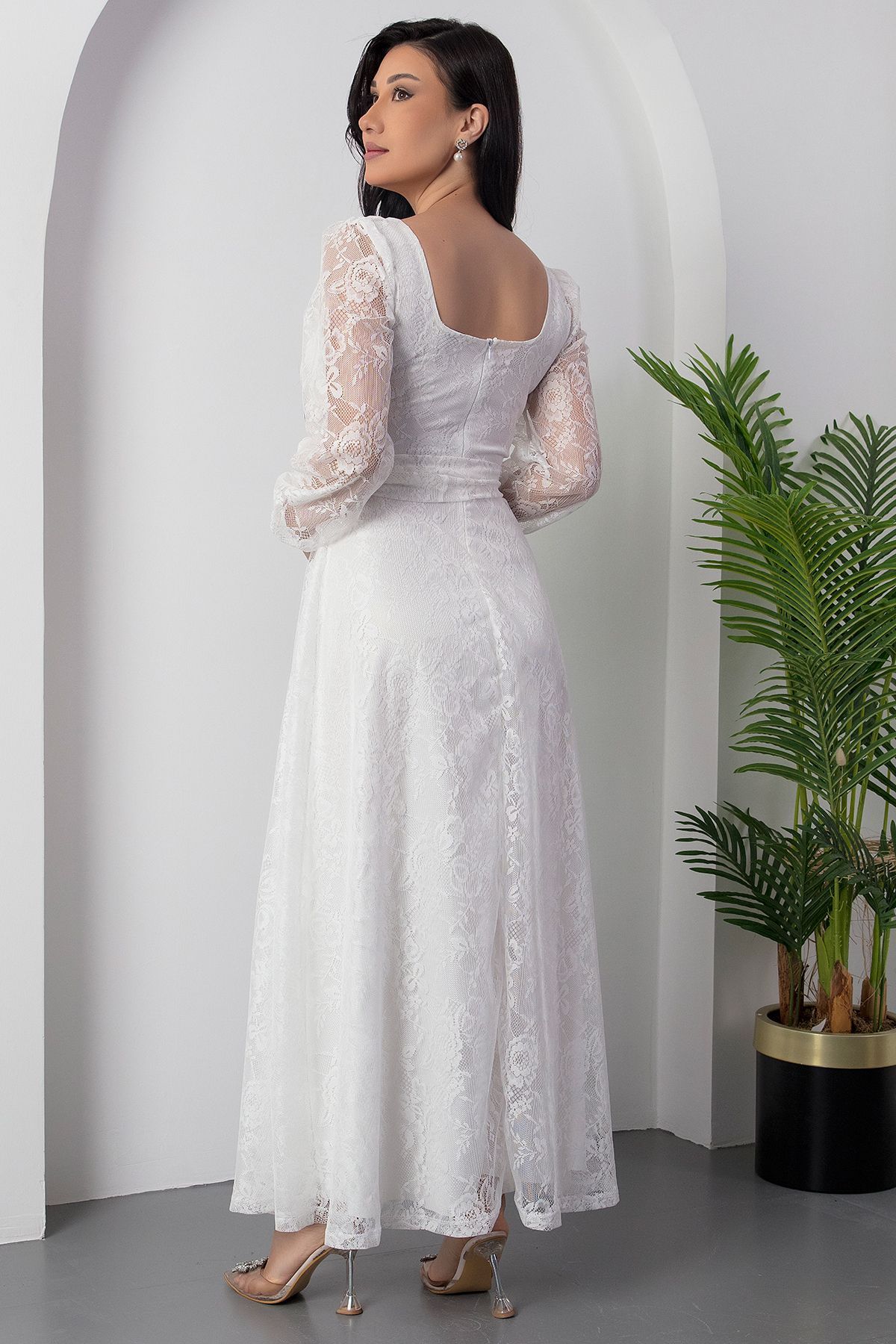 PULLIMM-Square Neck Lace Dress with Belt Ap-0222 7