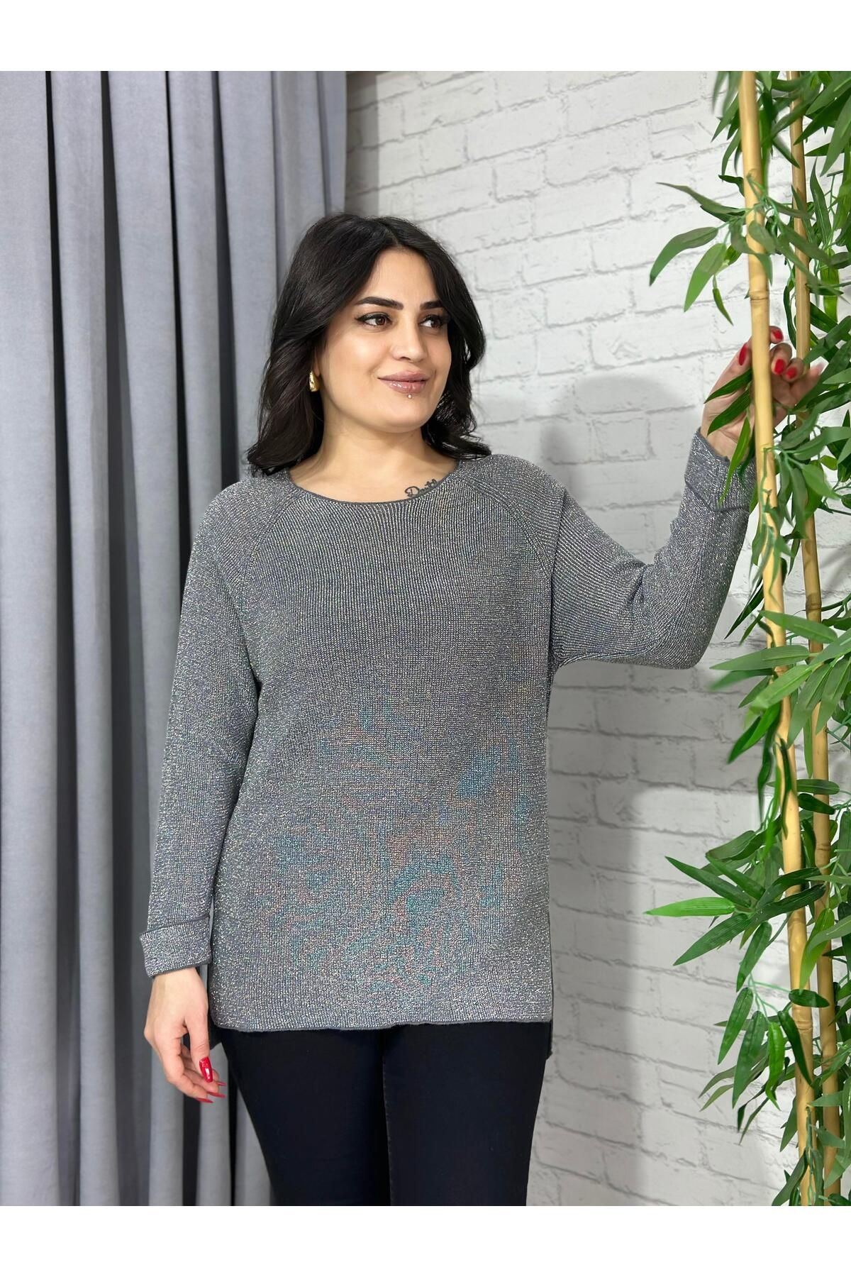 Aysel Boutiquee Rue Gümüş Bisiklet Yaka Kollar Katlamalı Triko Bluz A034