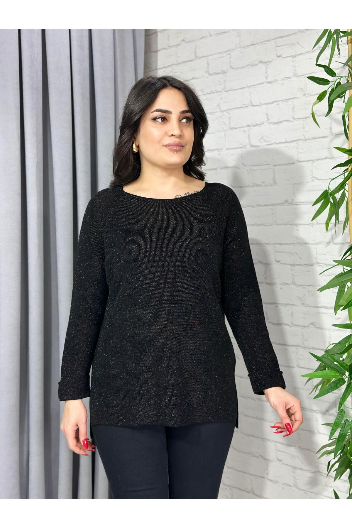 Aysel Boutiquee Rue Siyah Bisiklet Yaka Kollar Katlamalı Triko Bluz A029