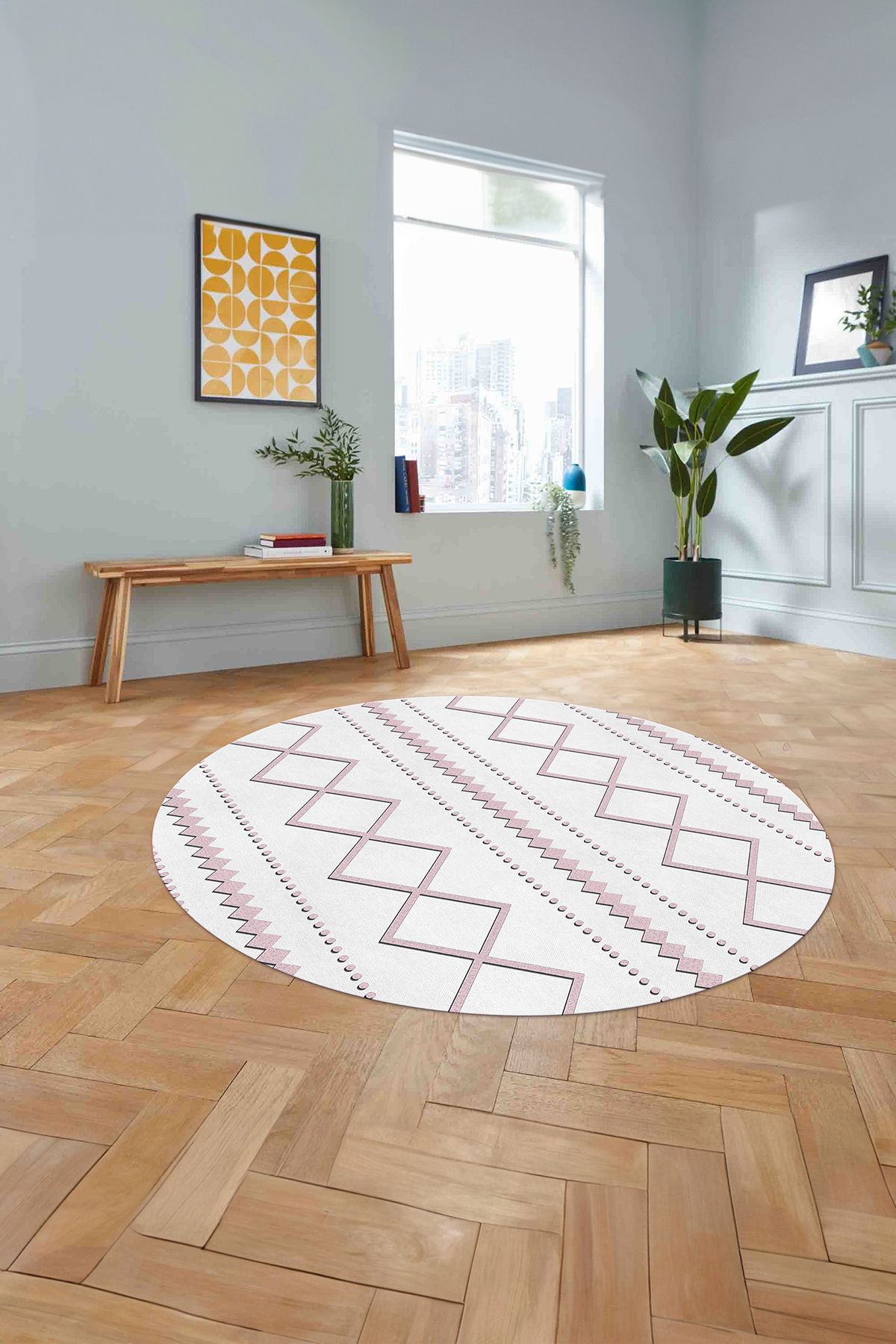 Napoli Home Dijital Baskılı Sade Kilim Motifli Yıkanabilir Kaymaz Yuvarlak Mutfak Salon Halısı, SADE-Y-95-PEMBE,